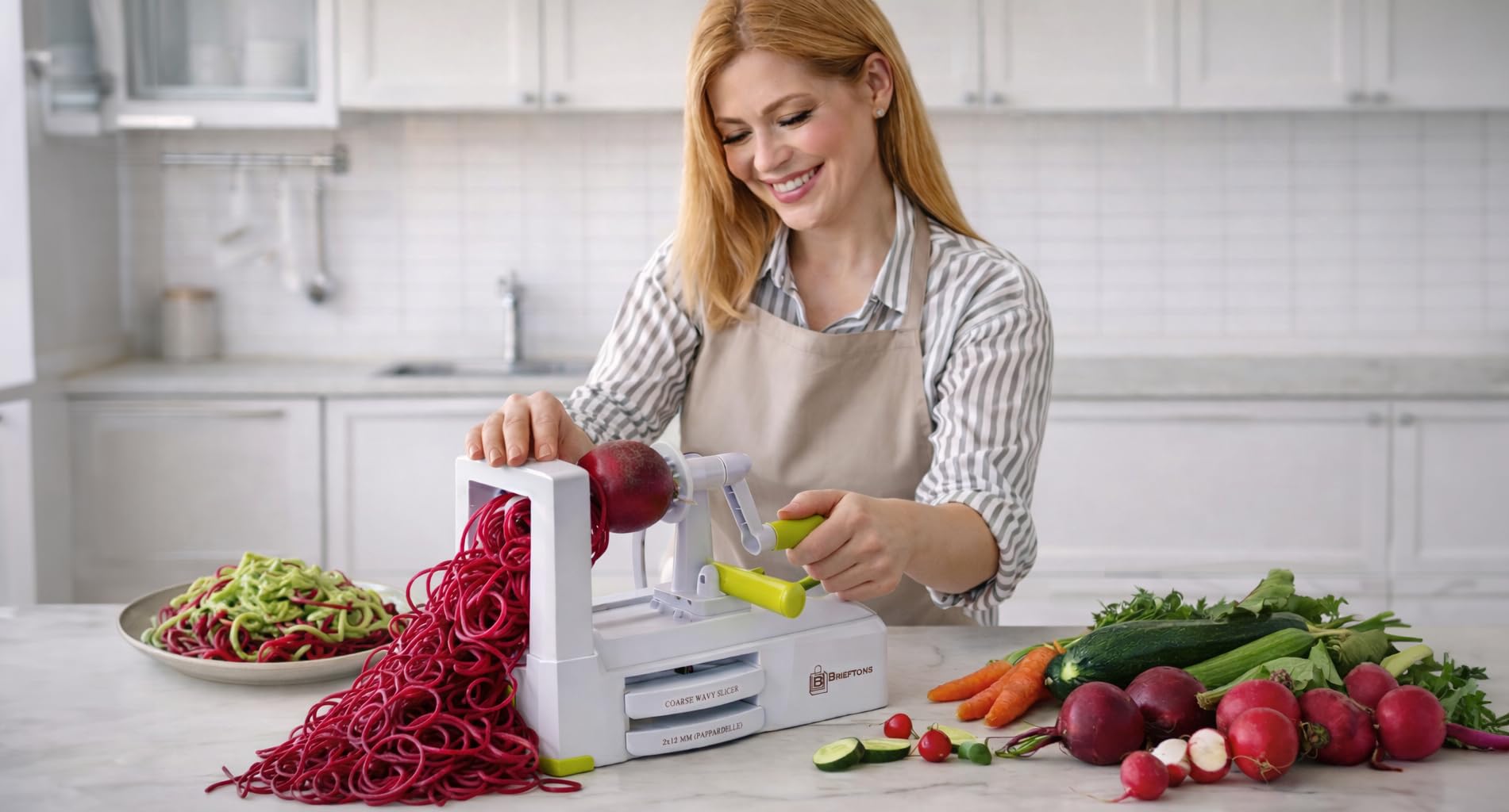 Brieftons - Espiralizador de 10 hojas: más fuerte y más pesado cortador de verduras en espiral, mejor espaguetis de pasta vegetal para baja en carbono, paleo, sin gluten, con bandeja para cuchillas