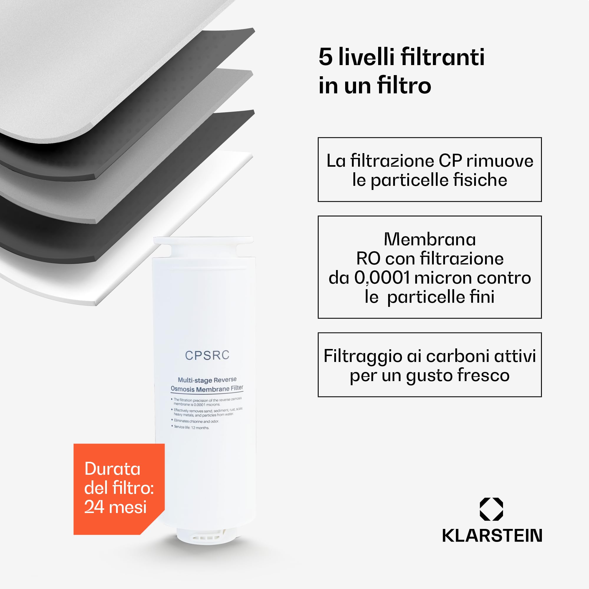 KLARSTEIN VitalPour Filtro Acqua - Osmosi Inversa a 5 Stadi, Dispenser Acqua Calda Istantanea 5 Livelli, Serbatoio 5L & Caraffa 1,5L, Installazione Facile, Pannello Touch, Blocco Bambini