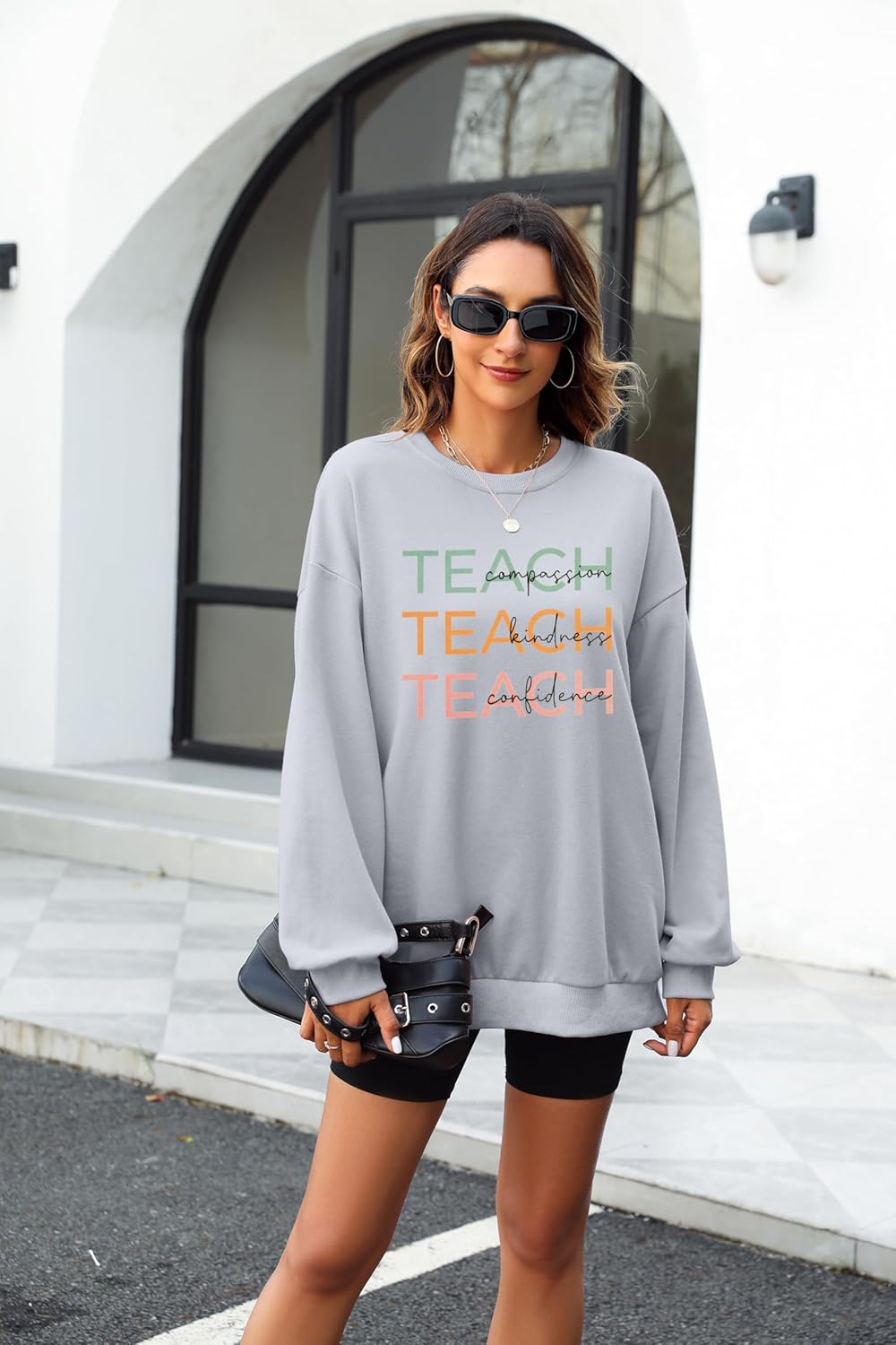 MOUSYA Teacher Sweatshirt Women Teach Compassion Kindness Confidence Shirts Casual Long Sleeve Pullover Tops - Image 2