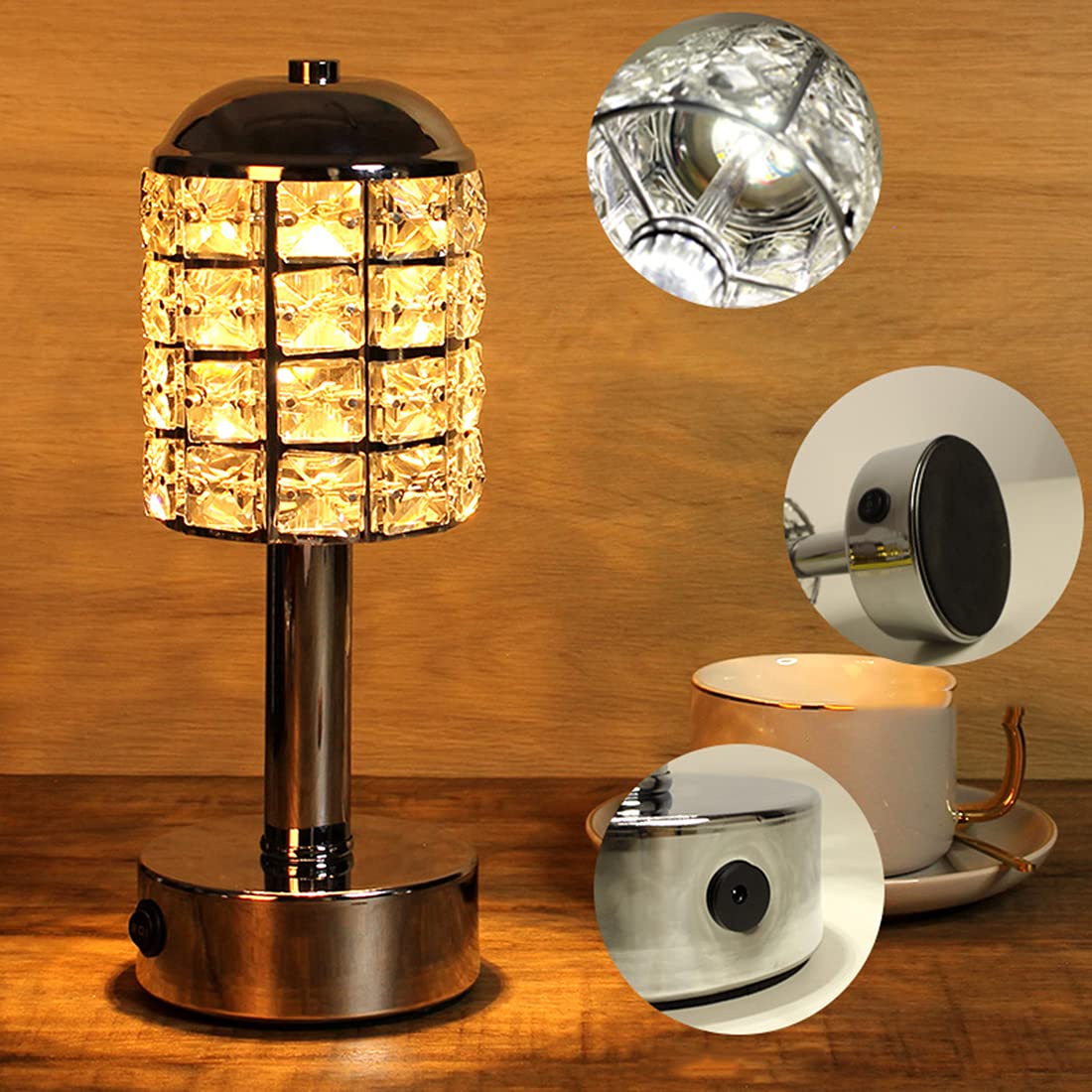 Lampada da tavolo a LED senza fili Luce notturna portatile ricaricabile 1200mAh Lampade da comodino in metallo e cristallo a batteria per hotel Soggiorno Camera da letto Ristorante Caffetteria,3000K
