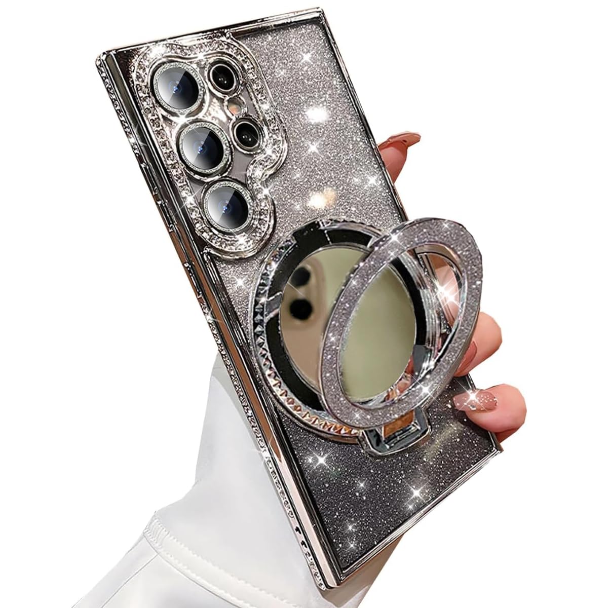 AuroiCCY for Samsung Galaxy S24 Ultra Glitter Kickstand Case, [Compatible with MagSafe] Girly Woman Makeup Mirror Cute Bling Rhinestones Cover Camera