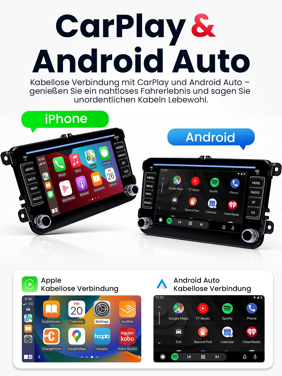 Doppel DIN Bluetooth Autoradio mit Bildschirm für VW Golf 5 6 T5 Polo 6R Caddy Passat Touran, Skoda, SEAT, Wireless CarPlay Android Auto Mirrorlink, 7" Auto Radio, 4+64GB, WLAN DAB+ FM GPS