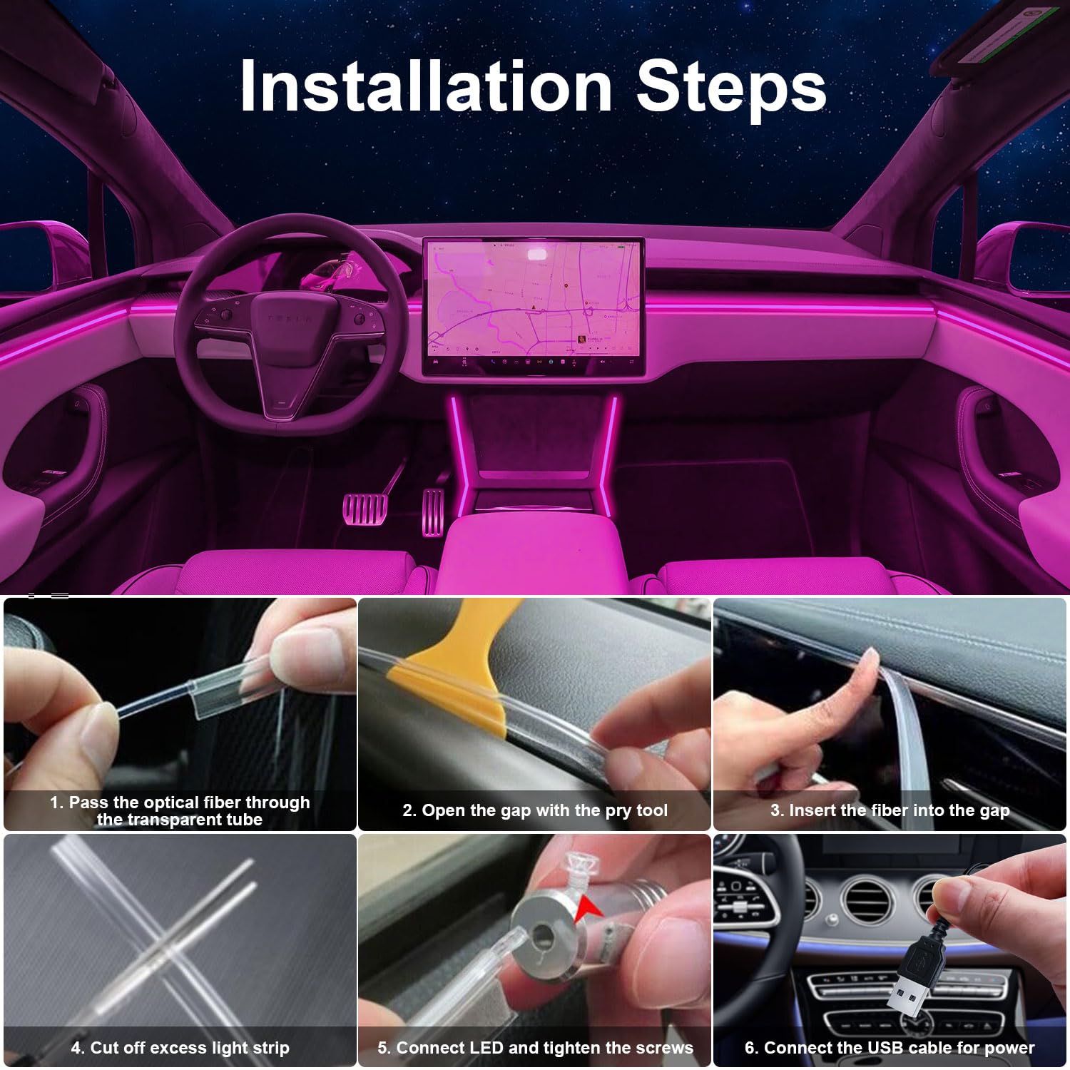 Luces LED para interiores de coche con control remoto inalámbrico APP/RF, kit de iluminación ambiental RGB 6 en 1 con fibra óptica de 315 pulgadas, tira de neón de 16 millones de colores de