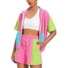 UOUA Womens 80s 90s Outfit 2 Piece Costume Zip Up Short Sleeve Track Suit | 1980s 1990s Color Block Workout Two Piece Windbreak & Shorts Set Neon Retro Party Clothes Halloween Costume for Couples