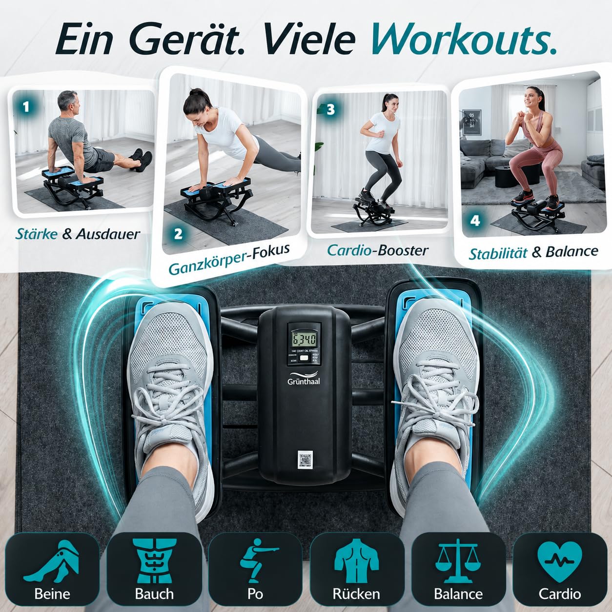 Mini Stepper [Alternative zum Hydraulik-Stepper] – Leiser Stepper für Zuhause mit LCD Display (Gelenkschonend & kompakt) – Für Bauch, Beine, Po, Rücken & Cardio – Stepper Fitness