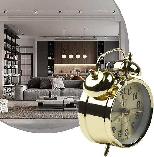 Miniatura 3 de Reloj despertador de doble campana de 2.8 in para durmientes pesados, reloj despertador mecánico dorado de herradura, cuerda manual, reloj de metal