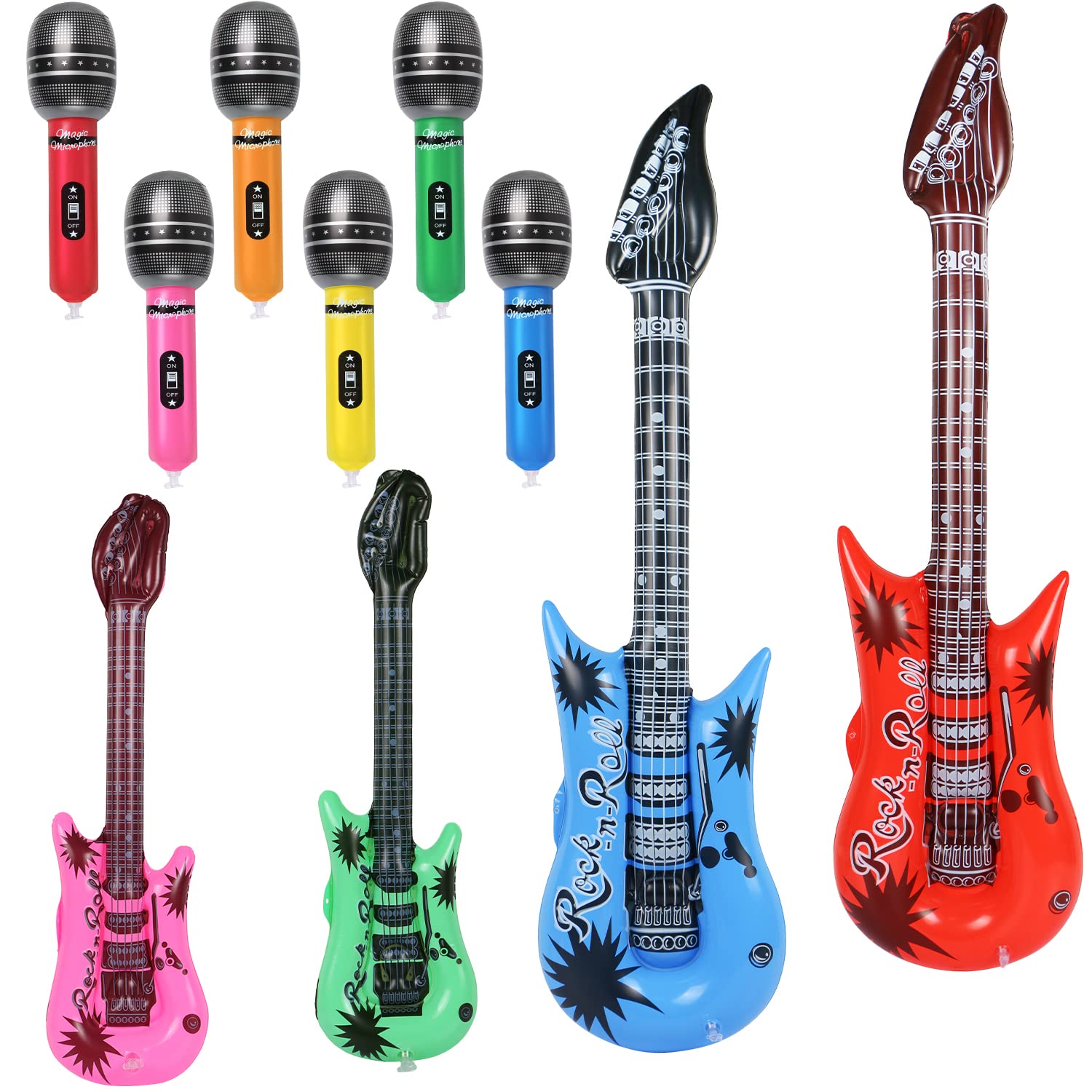 EVERMARKET10 Pcs Inflatable Rock Star Toy Set, 6 Pcs Inflatable Microphones 4 Pcs Blow up Guitar Party Favour Musical Party Supplies Jumbo Carnival Rock Inflatable Toys for 80s 90s Party Decorations