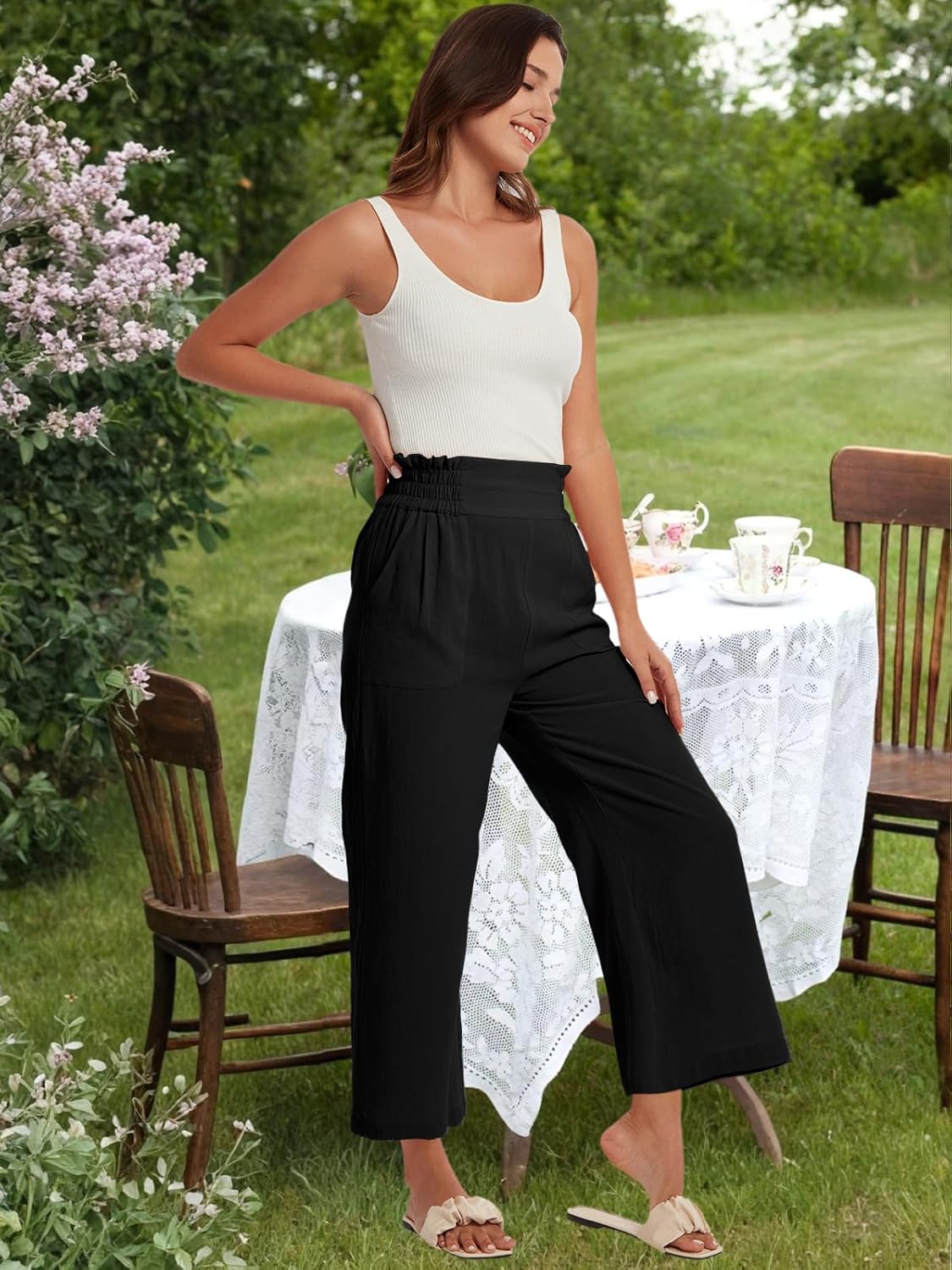 Les umes Women's High Waist Wide Leg Pants Cropped Cotton Summer Casual Trousers with Side Pockets - Image 2