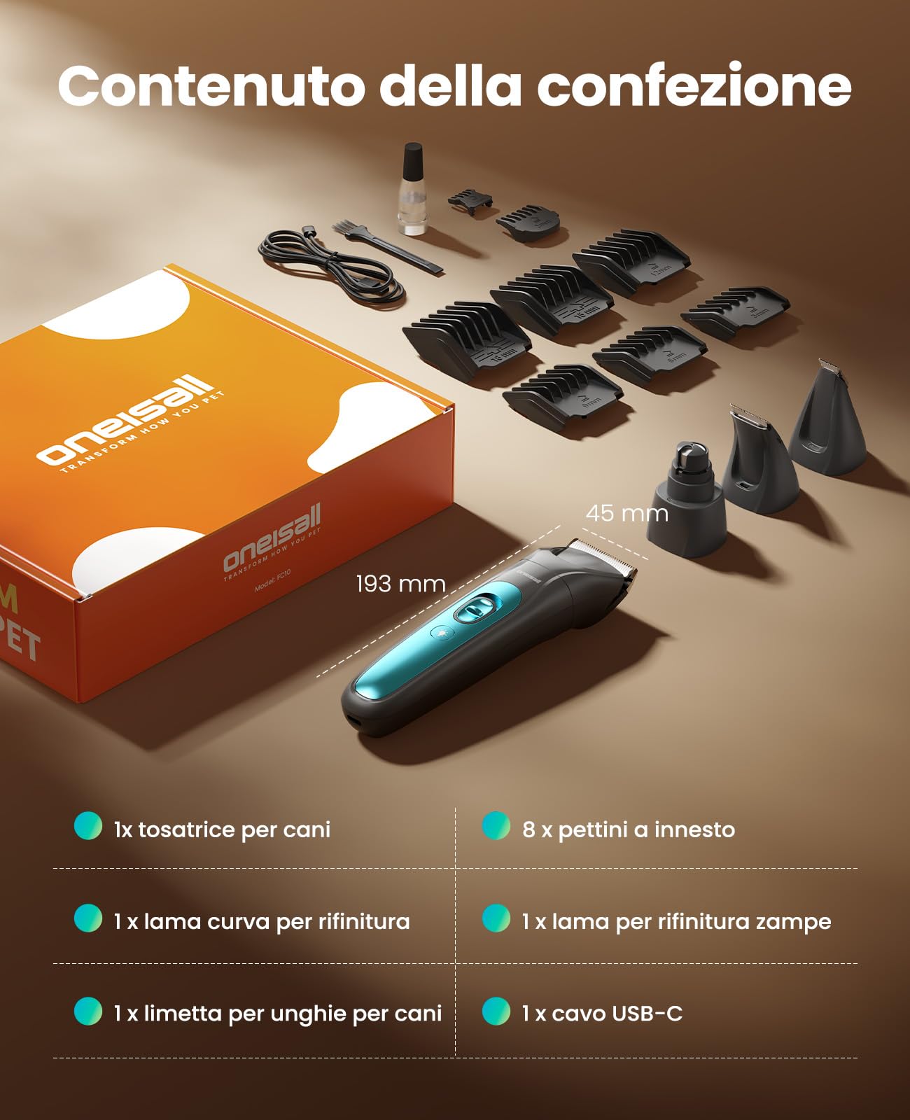 oneisall 4 in 1 Tosatrice per Cane Gatto con Luce LED, 2025 Nuova Versione Cura Peli Animali per Rasoio Cani & Zampe & Smerigliatrice Artiglio, 2000mAh Ricaricabile Rasoio per Cani (Blau, 4-in-1)