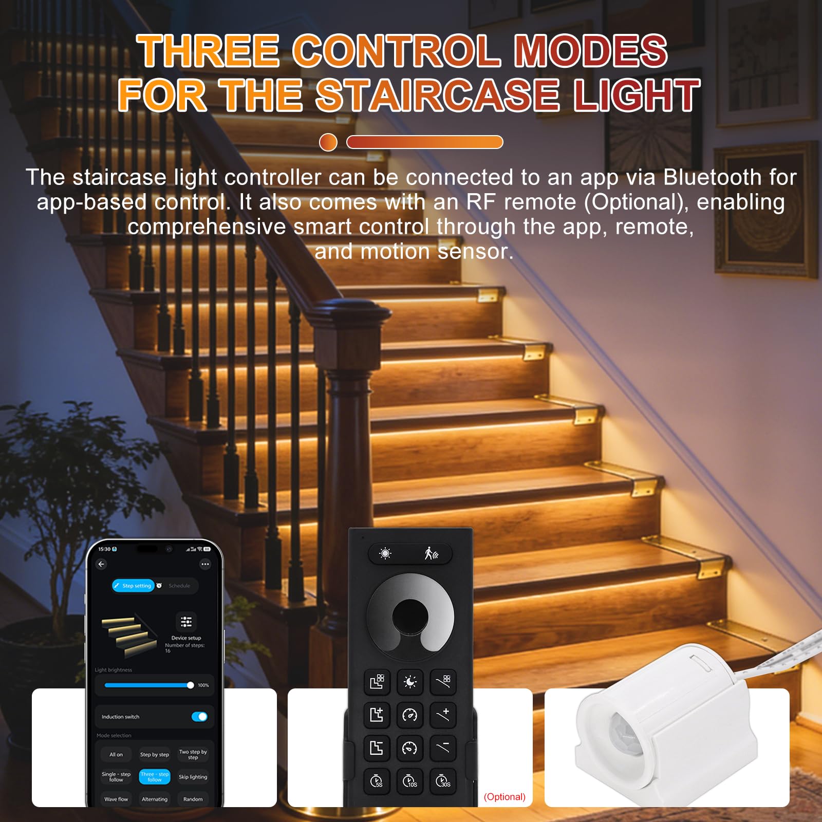 Illuminazione LED per scale, 10 livelli, bianco caldo, 3000 K, Smart Stair Light con app, telecomando RF e sensore di movimento PIR, set di strisce LED COB per interni