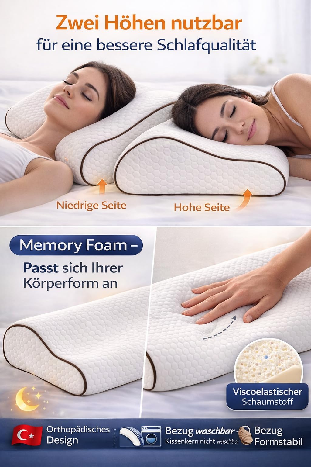 ELY PARKER Almohada ortopédica de apoyo cervical, 40 x 60 cm, espuma viscoelástica para dormir de lado, altura regulable, 12 a 14 cm, almohada cervical ergonómica fija (2 unidades)