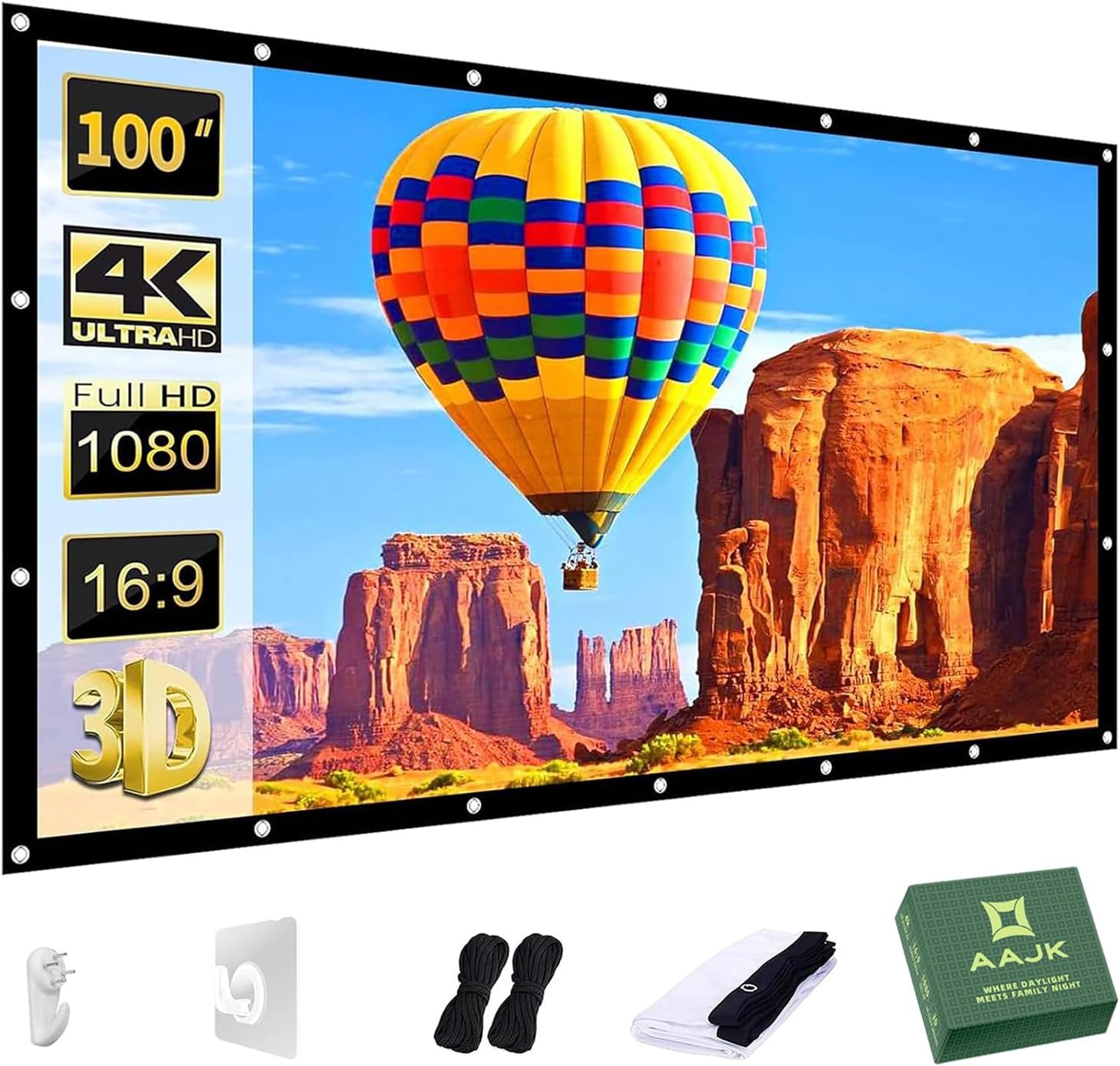 AAJK Projection Screen 100 inch, Washable Projector Screen 16:9 Foldable Anti-Crease Portable Projector Movies Screen for Home Theater Outdoor Indoor Support Double Sided Projection