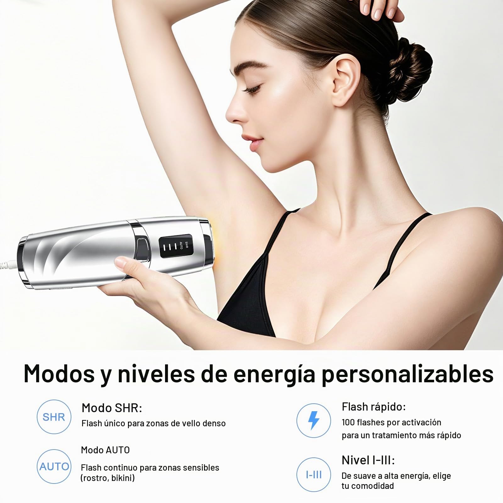 Depiladora Laser Mujer, 999.999 Flash 3 Niveles Casa, Depiladora IPL, Plata