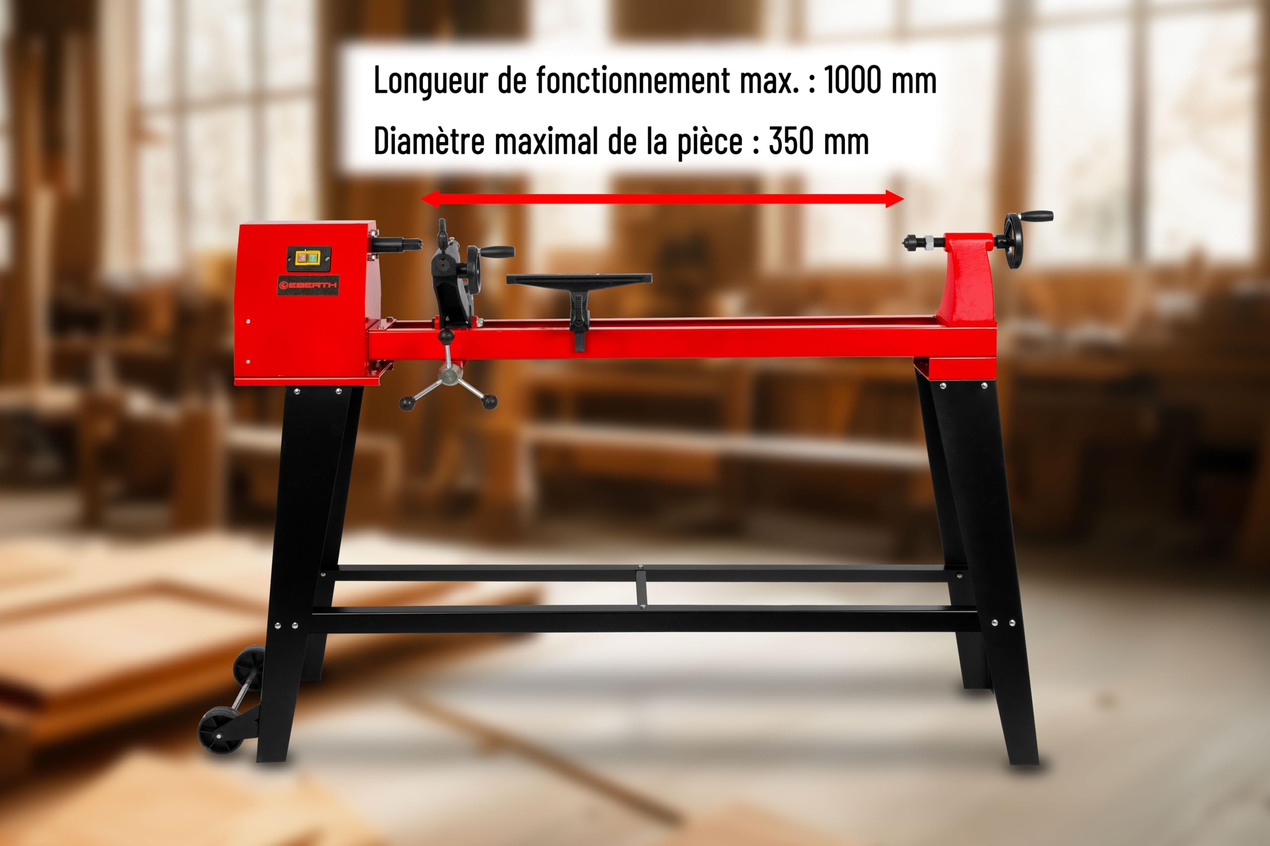 EBERTH Tour à bois 550 W pour le bois avec châssis stable – distance entre pointes 1000 mm, diamètre de tournage Ø 350 mm, entraînement par courroie à 4 vitesses, tour à bois stable