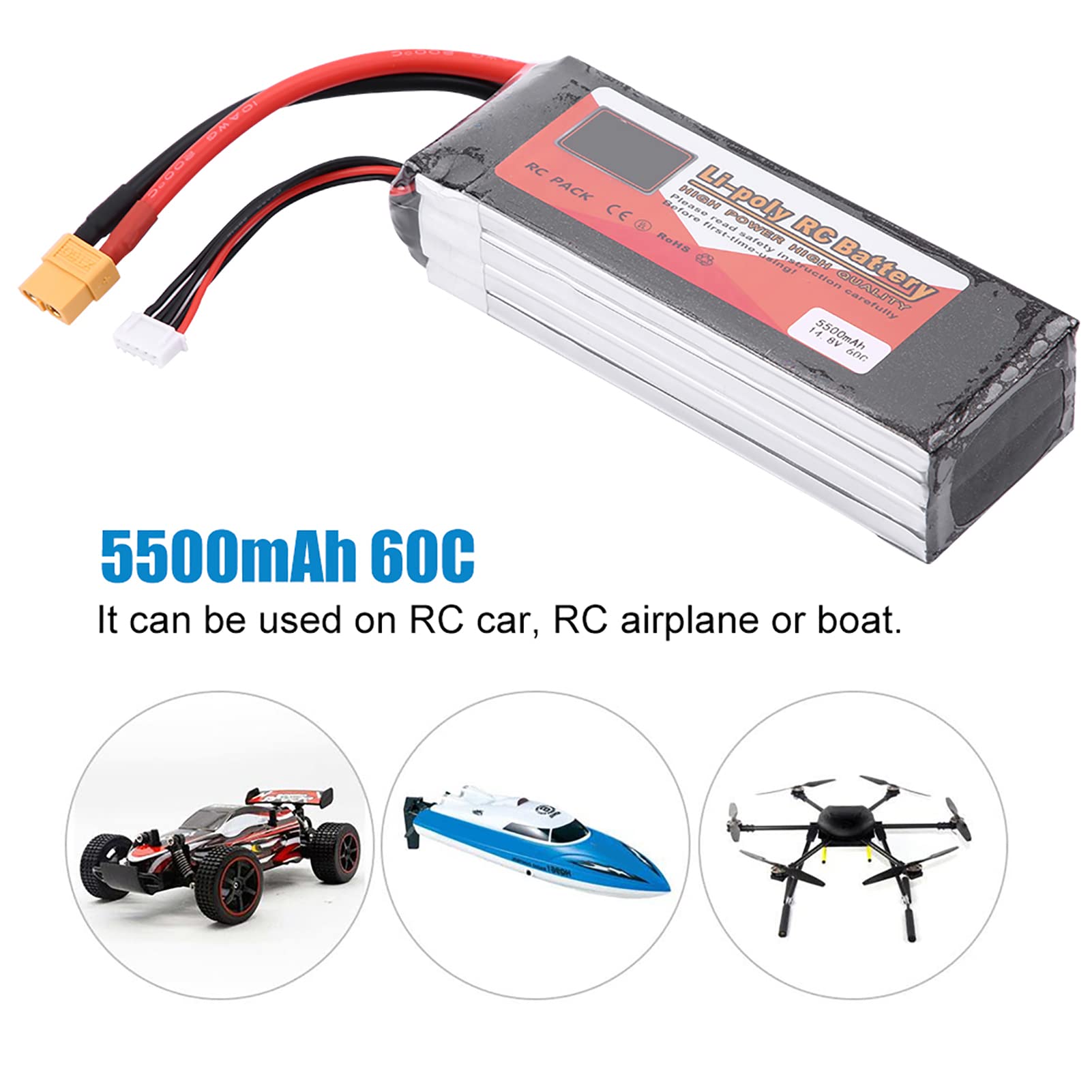 Zapewnia doskonałą wydajność Akumulatora LiPo 5000 MAh 4s do Samolotu RC, Helikoptera RC, Drona i Quadkoptera (Wtyczka 14,8 V 5500 mAh 60C XT60)