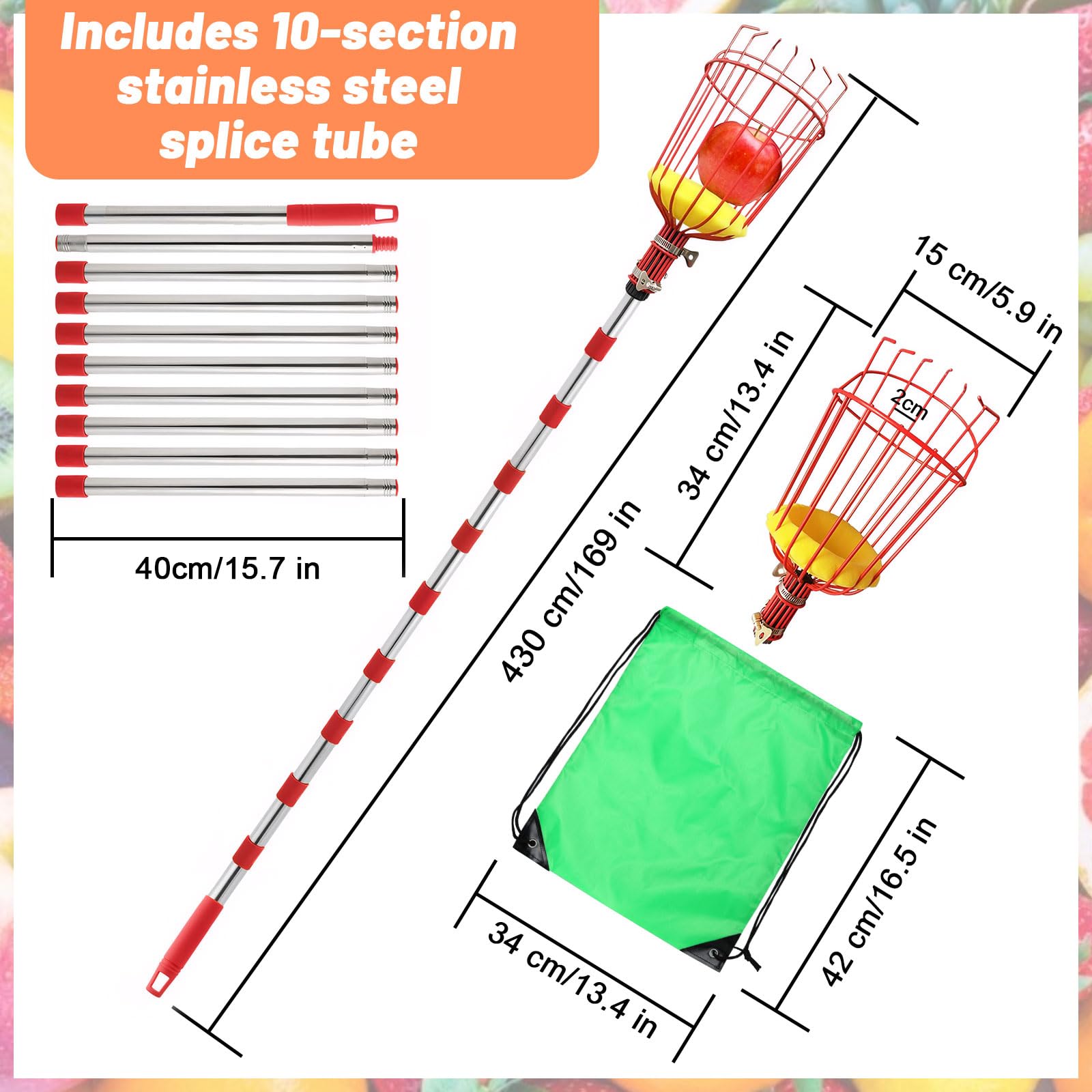seOSTO Recoge Frutas Telescopico 4.2m, Palo Extensible Acero Inoxidable, Cesta de Alambre con Espuma Protectora, Recogedor para Manzanas, Naranjas, Cítricos, Recoger Frutas de Árboles Altos