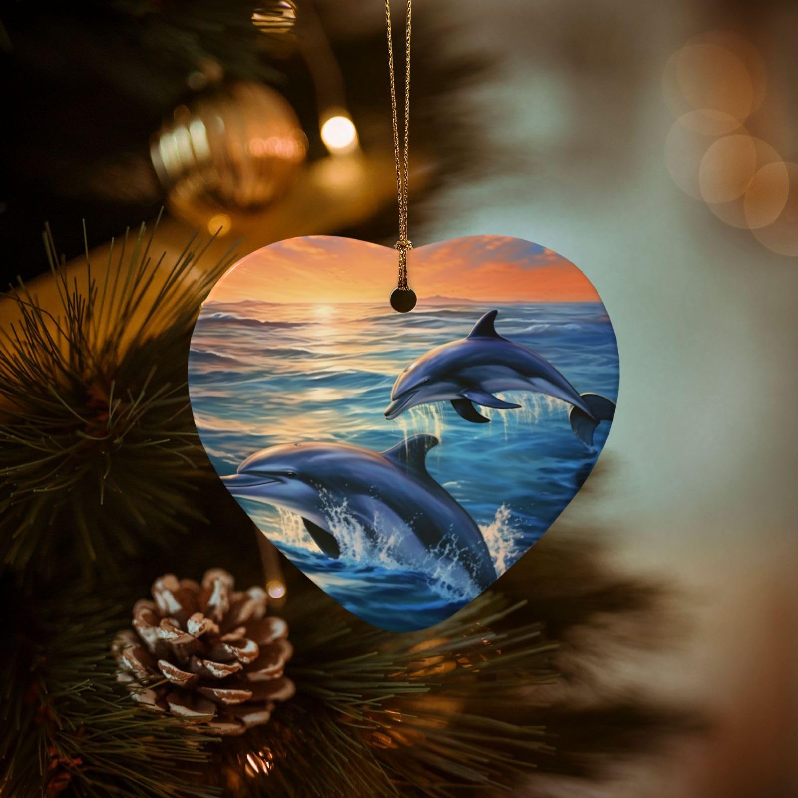 Christmas Ornaments for Christmas Tree Decoration Hanging Dolphins in The sea Ornament with Gold Ribbon Crafts Heart Shape Ceramic Pendant for Keepsake Gifts Xmas Decor Party Supplies