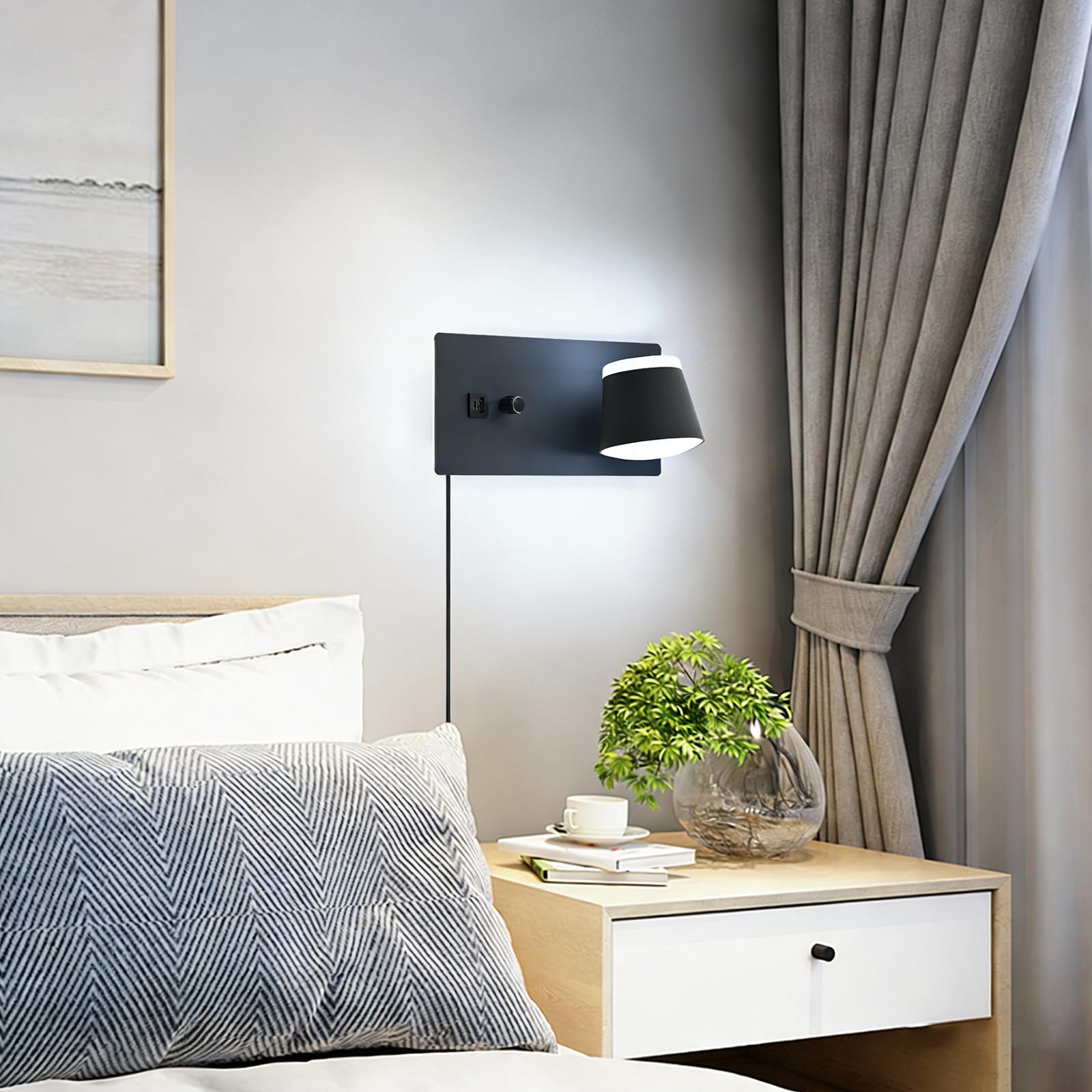 Sytmhoe 2 Pièces Appliques Murales Chambre Avec Prise Usb Type C Port, 3000K 4500K 6000K Dimmable Lampe De Chevet Liseuse Noire Avec Interrupteur, Art Deco Luminaire Mural Pour Salon Hôtel Appartement