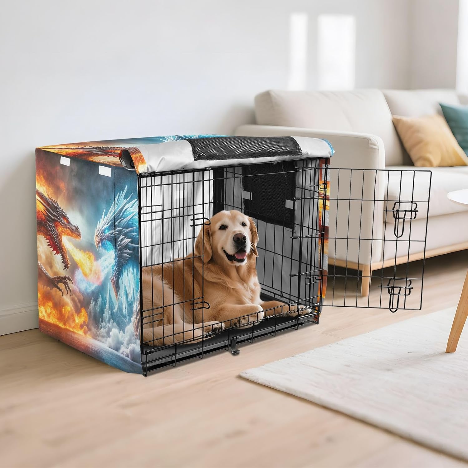 Fire Dragon Vs Water Dragon Dog Crate Cover Fixed Buckle at Bottom, Covers for Pet Crates, X-Large