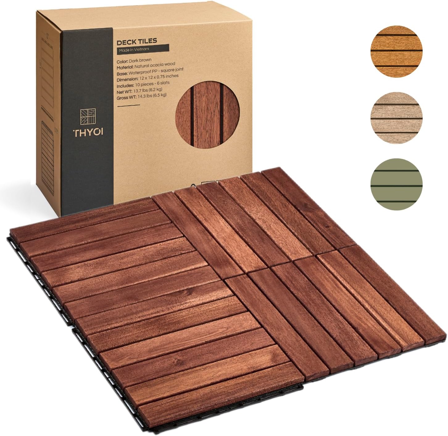 10 Pcs Premium Acacia Deck Tiles, Interlocking Floor Decking, Water-Resistant for Indoor & Outdoor Use, Balcony Flooring with Stripe Pattern, Square Joint (Dark Brown)