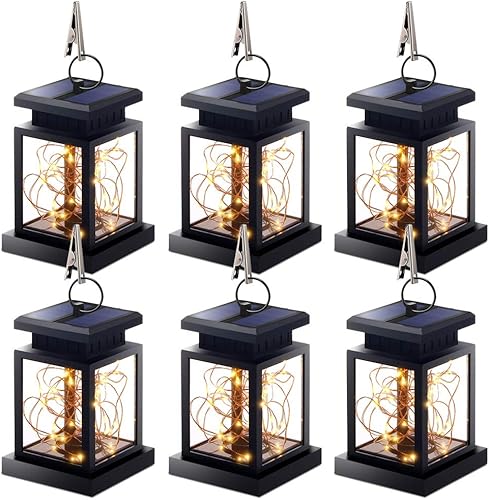 Faroles solares para exteriores, paquete de 6 faroles colgantes con energía solar, impermeables, faroles solares para paraguas, luces solares LED