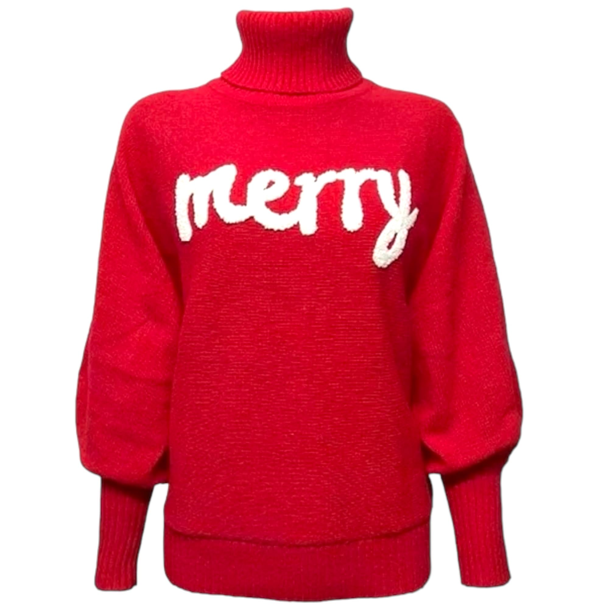 Christmas Holiday Red Merry Embroidered Knit Turtleneck Sweater
