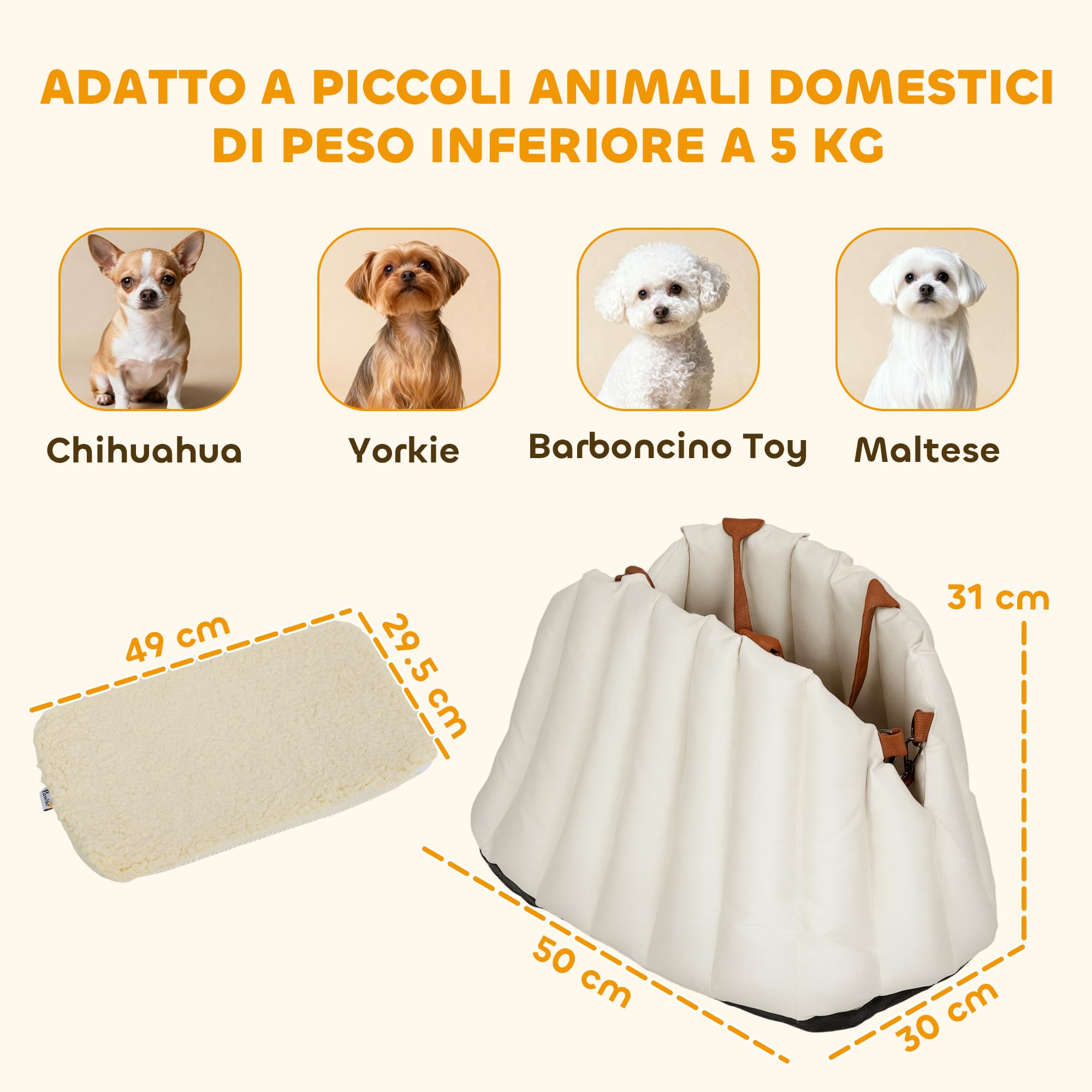 PawHut Seggiolino Auto per Cani Piccoli con Guinzaglio di Sicurezza e Base Antiscivolo, Trasportino Convertibile in Borsa per Animali Domestici, Crema