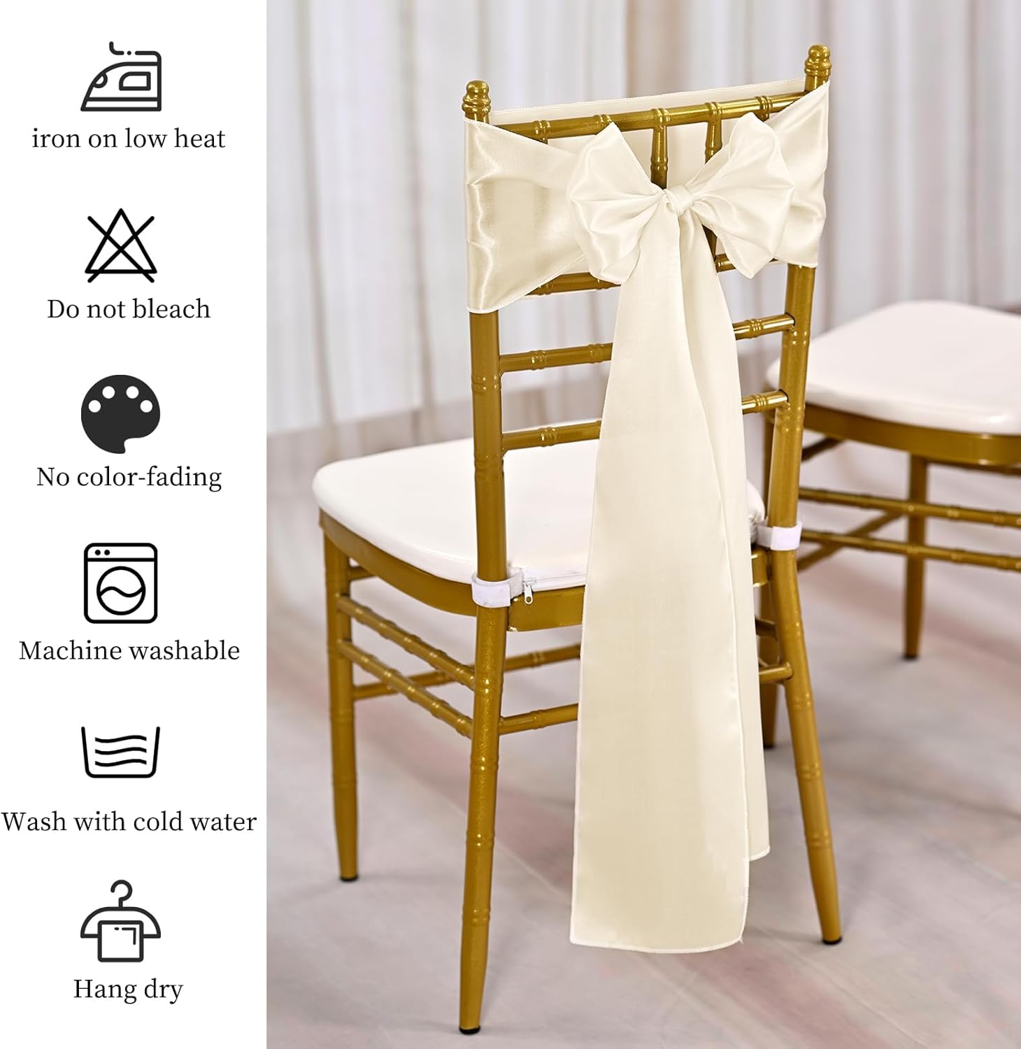 Showgeous 120 PCS Ivory Satin Chair Sashes Bows Decoration Chair Cover Chair Sash Ties for Banquet Party Baby Shower Event Decorations (Ivory, 7 x 108 inch)