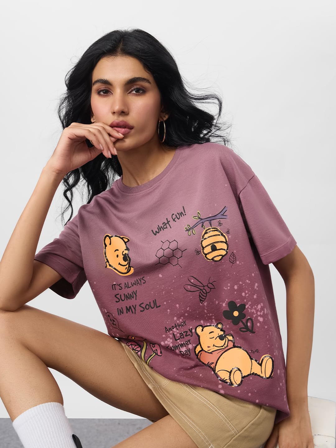 The Souled Store Winnie l'ourson : été jour femme et fille manches courtes col rond rose imprimé graphique coton léger quotidien streetwear surdimensionné