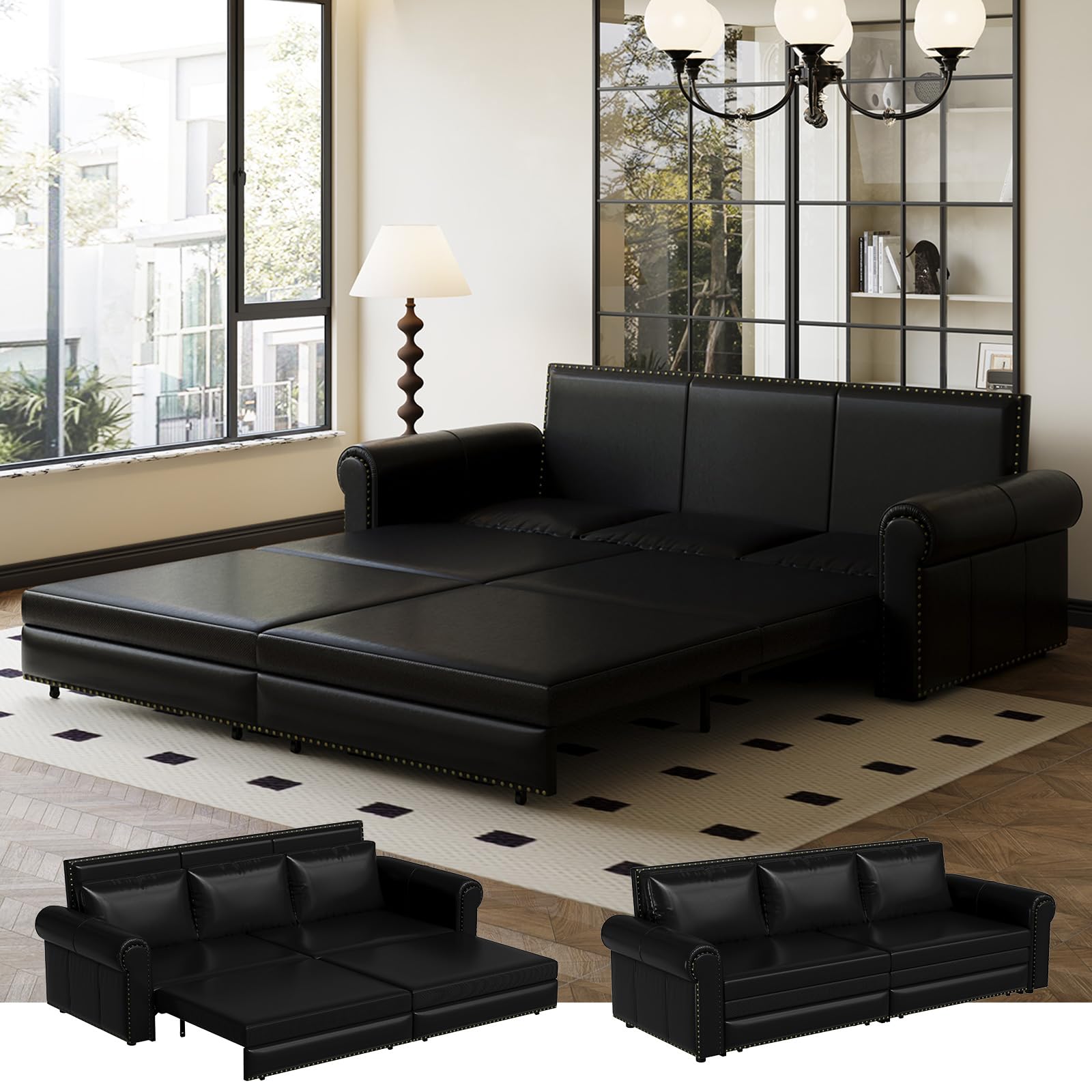 93.7" King Size Sleeper Sofa Bed, Pull Out Sofa Bed, Faux Leather Upholstery, 3 in 1 Convertible Sleeper Couch, Chaise Lounge, Retro Recliner for Living Room, Office, Apartment, Black