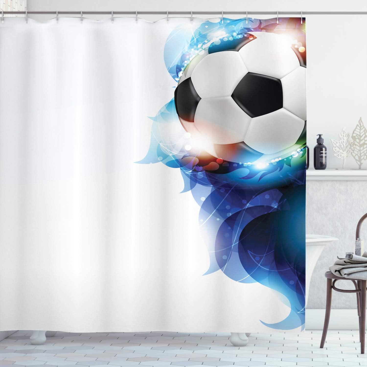 Ambesonne Soccer Shower Curtain, Soccer Ball Surrounded by Art Graphic Vivid Petals Football Game Theme, Cloth Fabric Bathroom Decor Set with Hooks, 69" W x 84" L, Dark Blue White Black