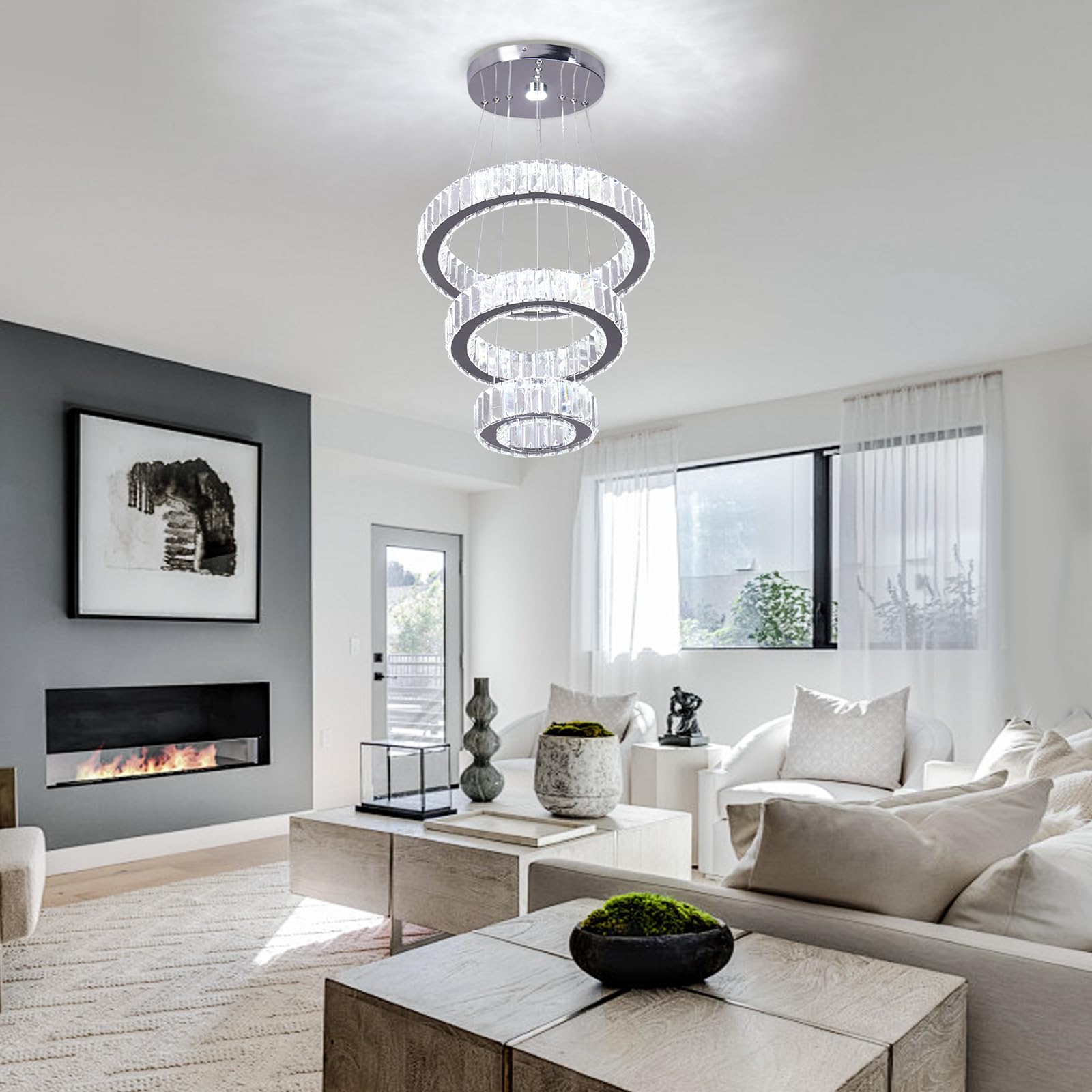 FRIXCHUR Lampadario in cristallo a 3 anelli da soffitto a LED per soffitto alto, lampadario da appendere per camera da letto, sala da pranzo, soggiorno (6500 K) bianco freddo