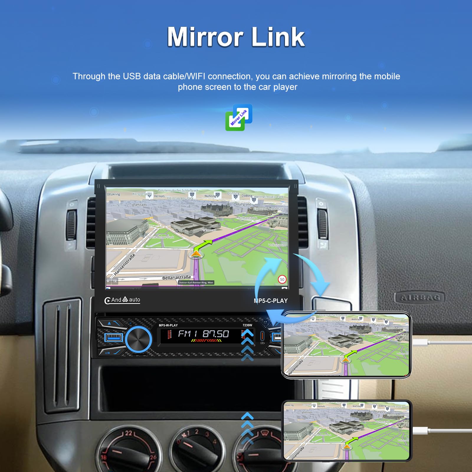 Hikity 7" 1 DIN CarPlay Autoradio avec Bluetooth FM Caméra de Recul | Écran Tactile Android Auto Wireless CarPlay Mirror Link Commandes au Volant USB AUX