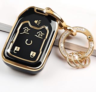 for GMC Yukon Key Fob Cover Case with Bling Keychain, Soft TPU 6 Buttons Key Cover for GMC Sierra Yukon Acadia, Compatible with Chevy Silverado Accessories（Black）