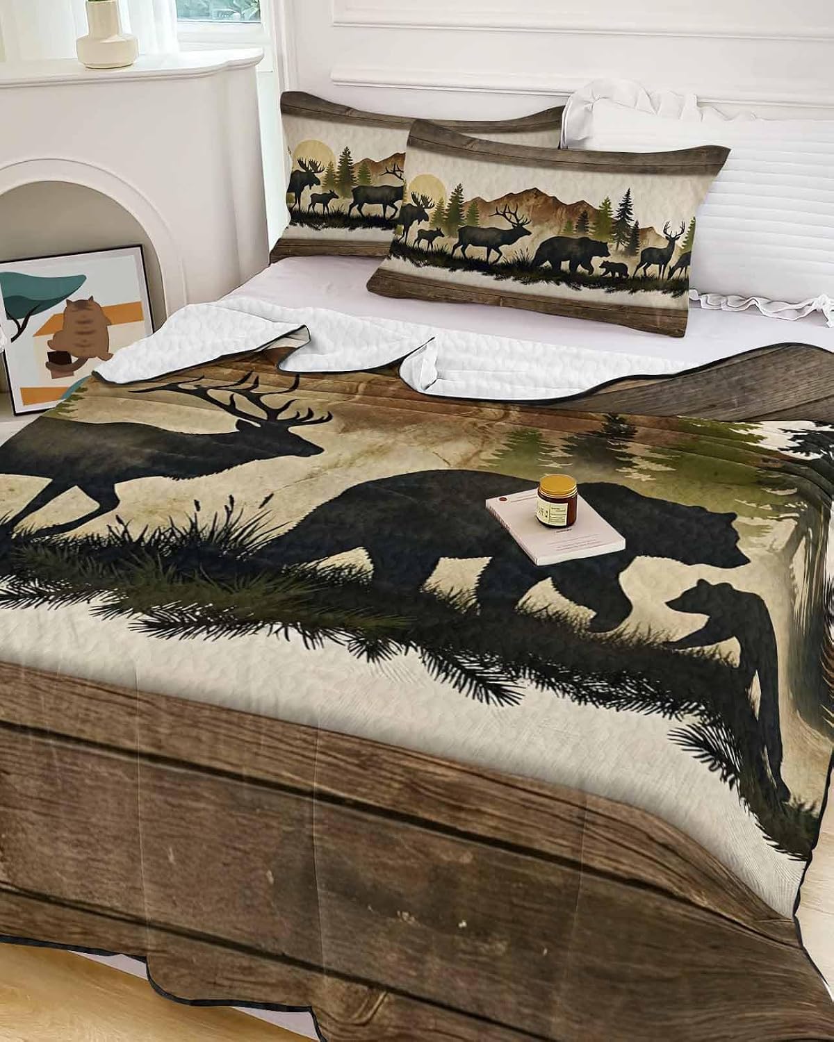 Full Size Quilt Set, Animal Elk Bear Silhouette Lightweight Bedspread Coverlet Set Soft Microfiber Summer Quilt with 2 Pillow Shams, Mountain Range Forest 3 Piece Comforter Bedding Set