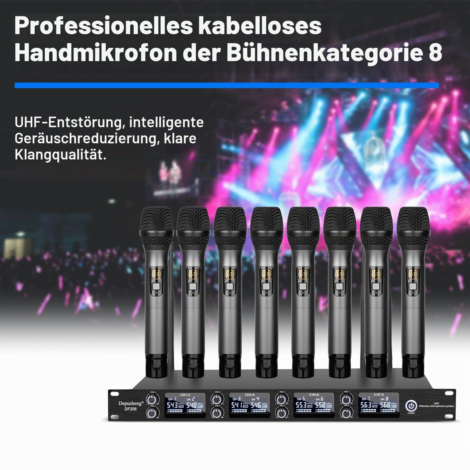 Depusheng DF208 UHF kabellos Funkmikrofon Set 8 Kanal professionelles dynamisches Handmikrofonsystem Metallgehäuse automatische Frequenzkopplung geeignet für Bühne Konferenz Hochzeit Bar