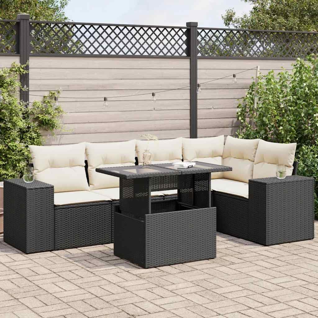 6-Piece Modular Garden Sofa Set, Black PE Rattan Outdoor Patio Furniture, Adjustable Height, Rectangular Dining Table, for Backyard Terrace