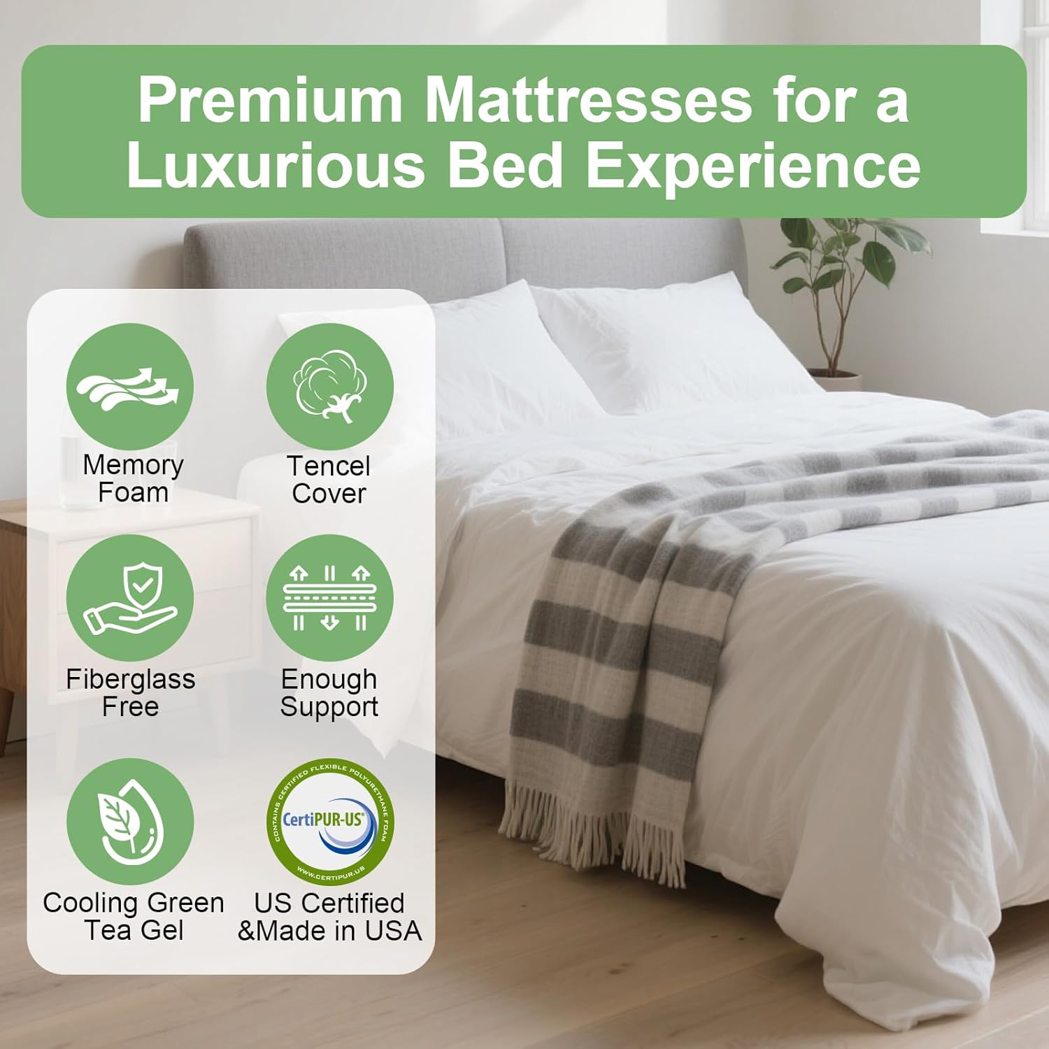 Twin Size Memory Foam Mattress 8 Inch with Tencel Cover, Premier Cooling Green Tea/Gel Bed-Mattress in a Box, Medium Firm Supportive Mattresses for Back Pain, Fiberglass-Free,CertiPUR-US, 75'' x 38''