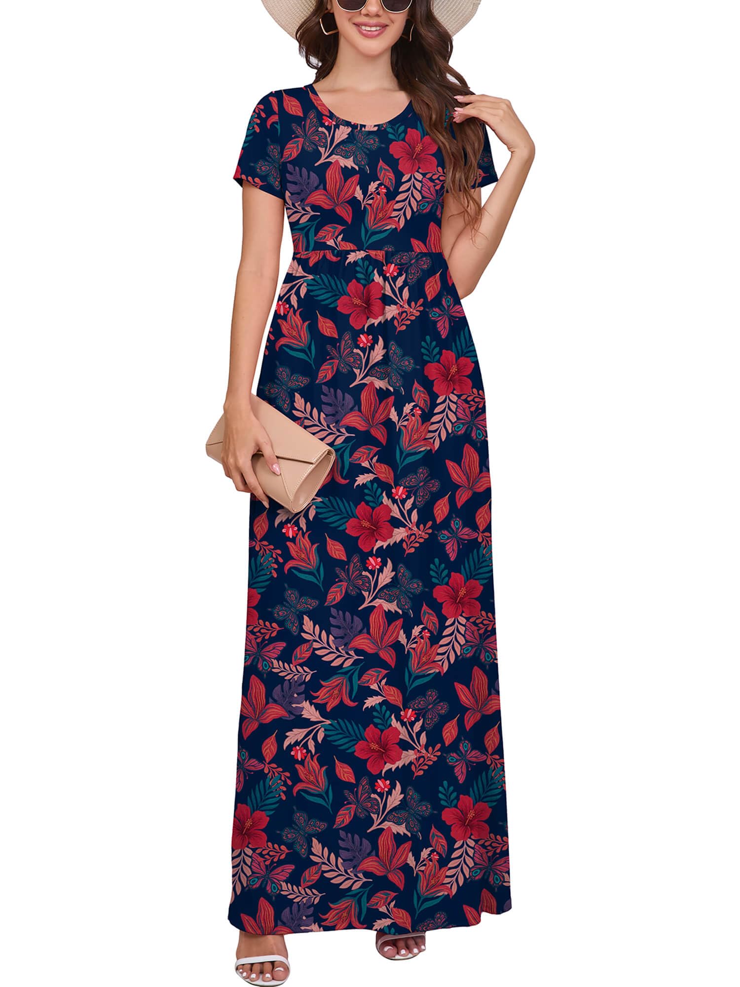 DEARCASE Maxi Dress for Women Short Sleeve Casual Summer Loose Plain Comfy Long Dresses with Pockets