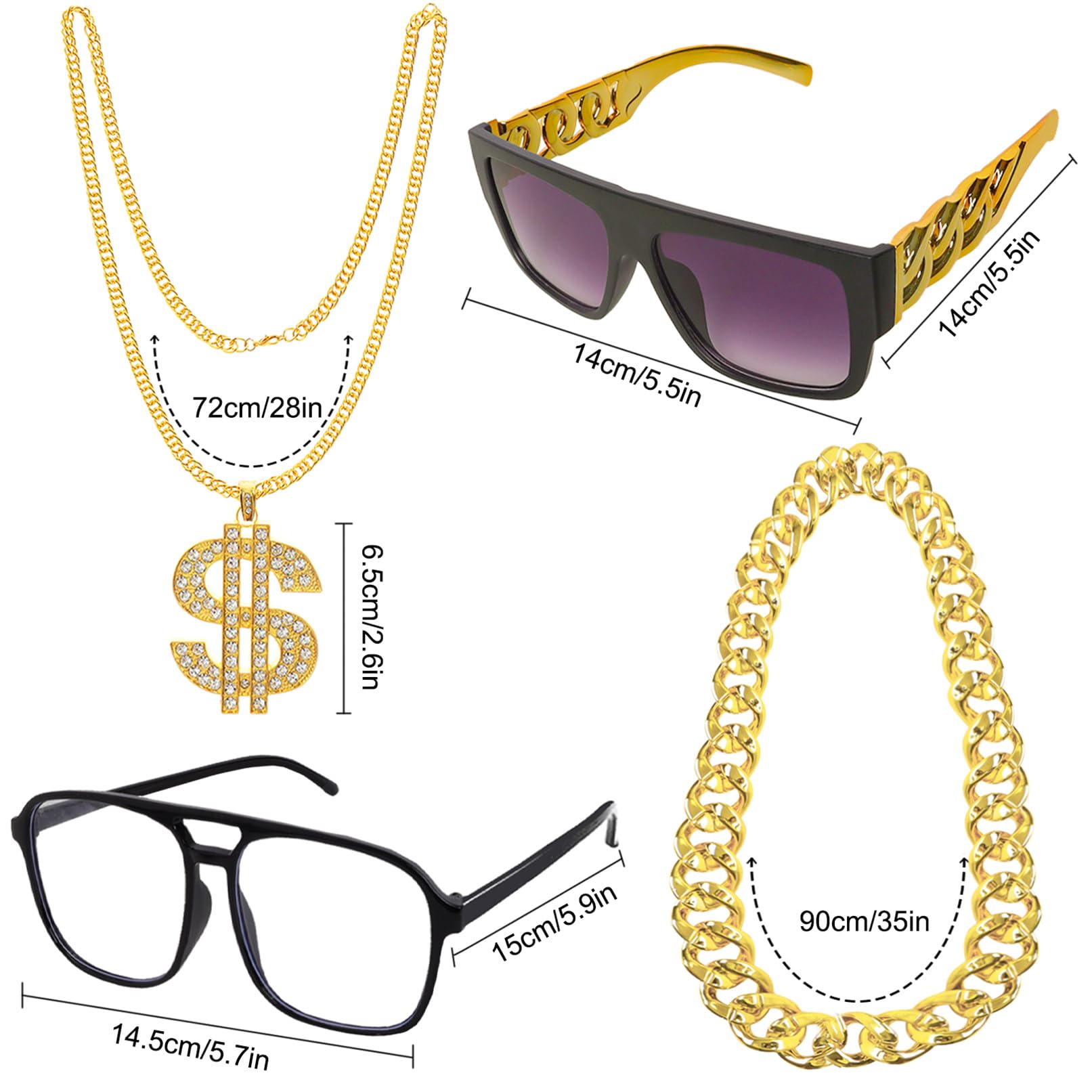 baotongle 11 Piece Hip Hop Costume Accessory Set 80s 90s Outfit Men's Hip Hop Costume 2 Bucket Hat, Gold Chain, Sunglasses - Image 3