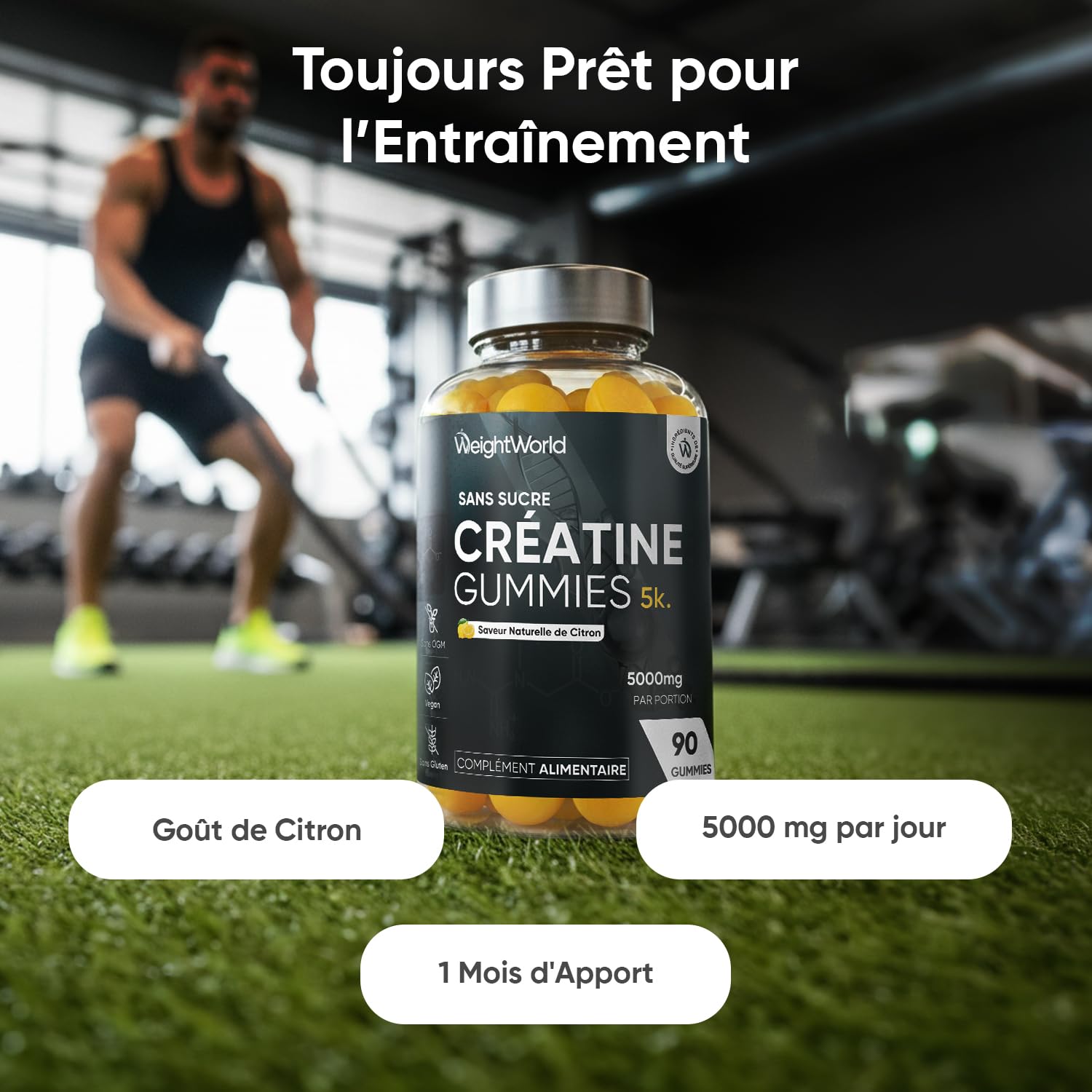 Creatine Gummies 5000mg Vegan sans Sucre - selon l'EFSA, la créatine augmente les performances physiques lors d'exercices successifs de courte durée et de haute intensité - Saveur Citron