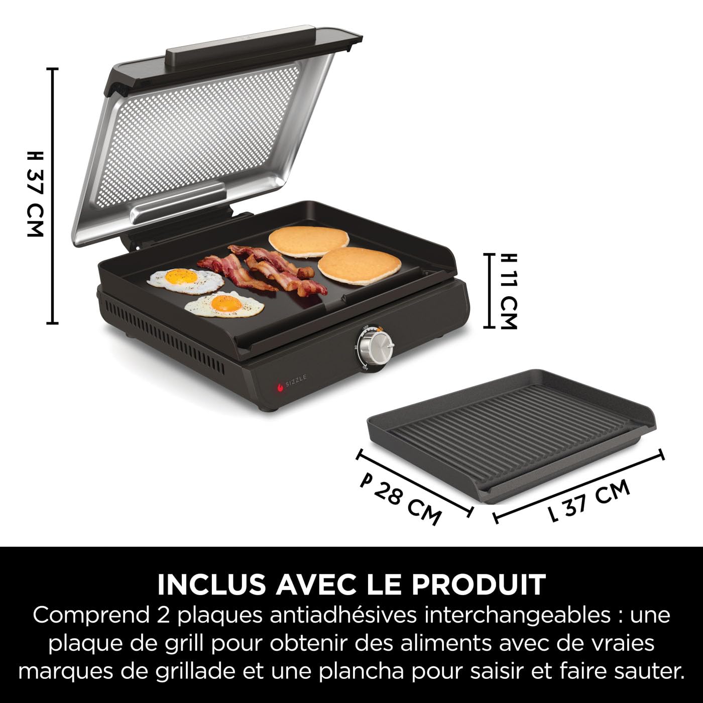 Ninja Sizzle Grill électrique d'intérieur, plancha GR101EU | avec plaque grill antiadhésive, couvercle compatible lave-vaisselle, collecteur de graisse, et guide de recettes