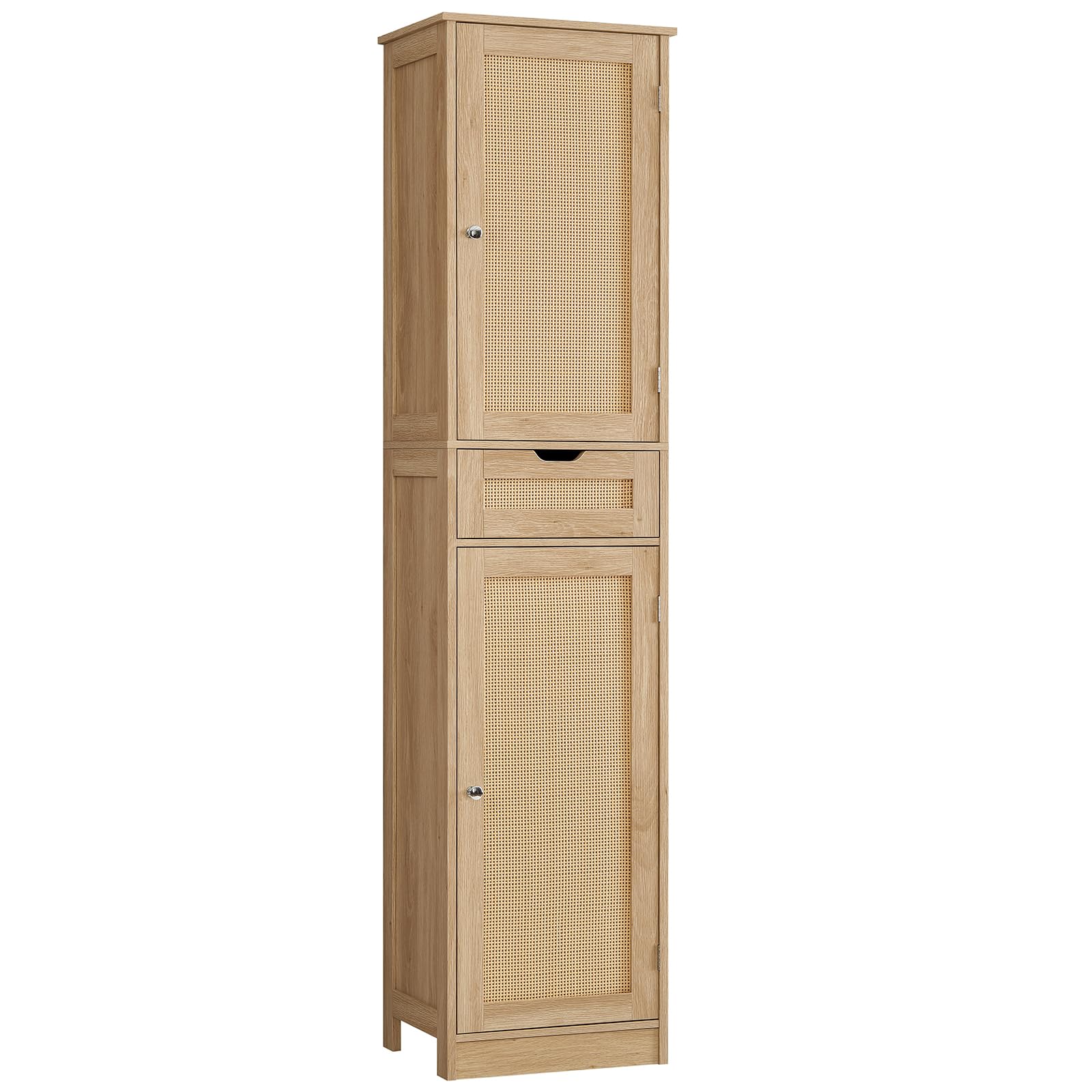 Tall Narrow Storage Cabinet with Doors, Rattan Cabinet with Adjustable Shelves, Freestanding Linen Storage for Living Room, Entryway, Kitchen, Bathroom, Natural