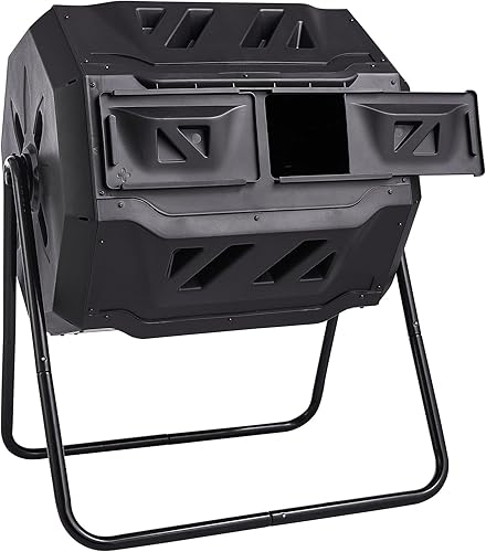 Happybuy Contenedor de compostaje de doble cámara de 43 galones, vaso giratorio con 2 puertas corredizas, marco de acero, compostador sin BPA para