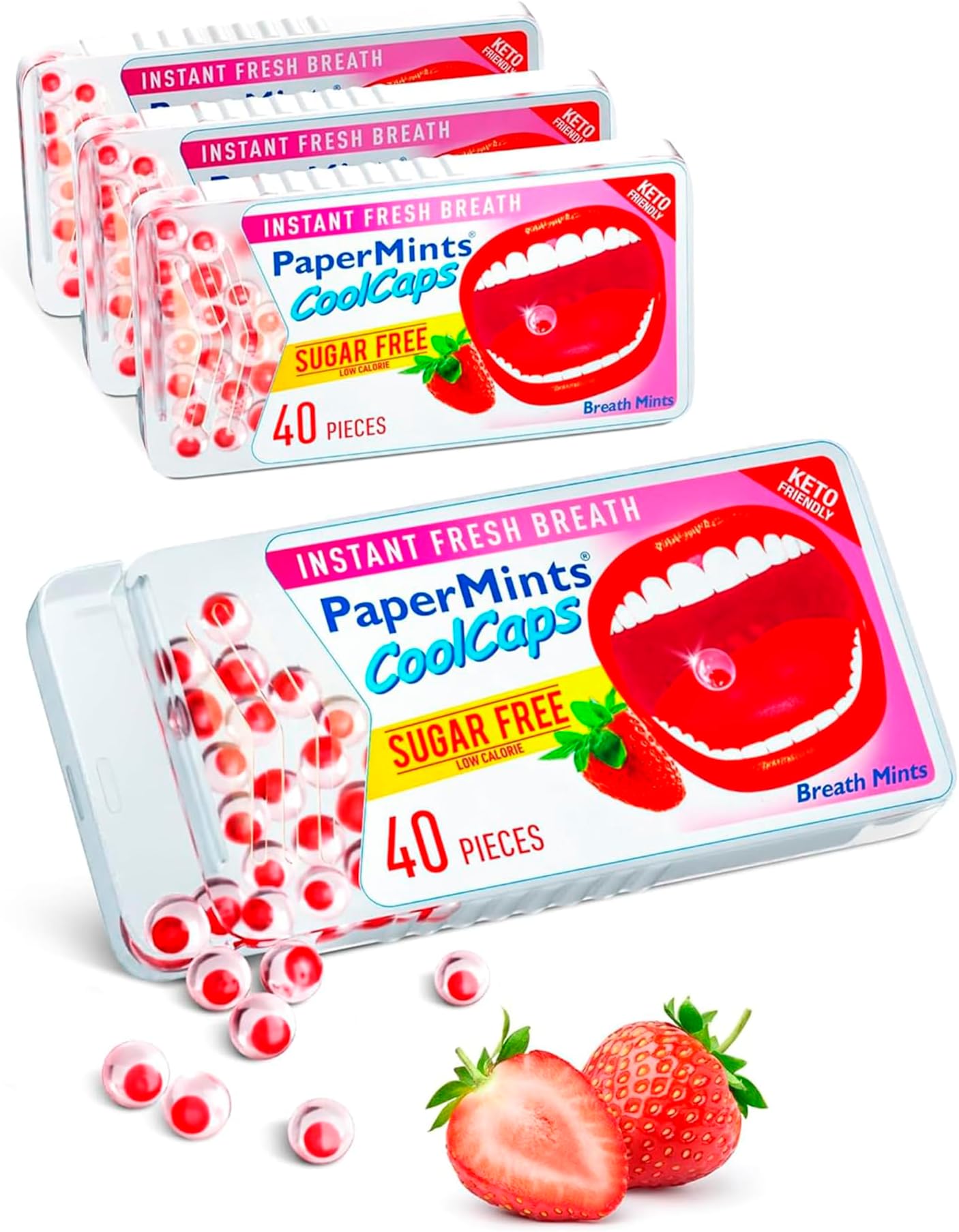PaperMints CoolCaps - Instant Fresh Breath Mints Sugar-Free 4 Pack - 160 capsules. Extreme Bad Breath Treatment for Adults, Breath Freshener Pearls for Halitosis Treatment Keto-Friendly Strawberry