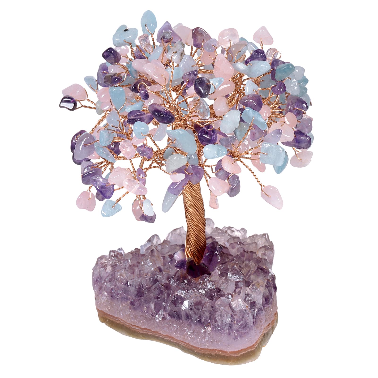 Nupuyai Cuarzo Rosa y Amatista y Aguamarina Árbol de la Vida de Piedra en Base de Geoda Natural, Feng Shui Árbol de Cristal Hecho a Mano para Decoración Interior y Reiki Chakra