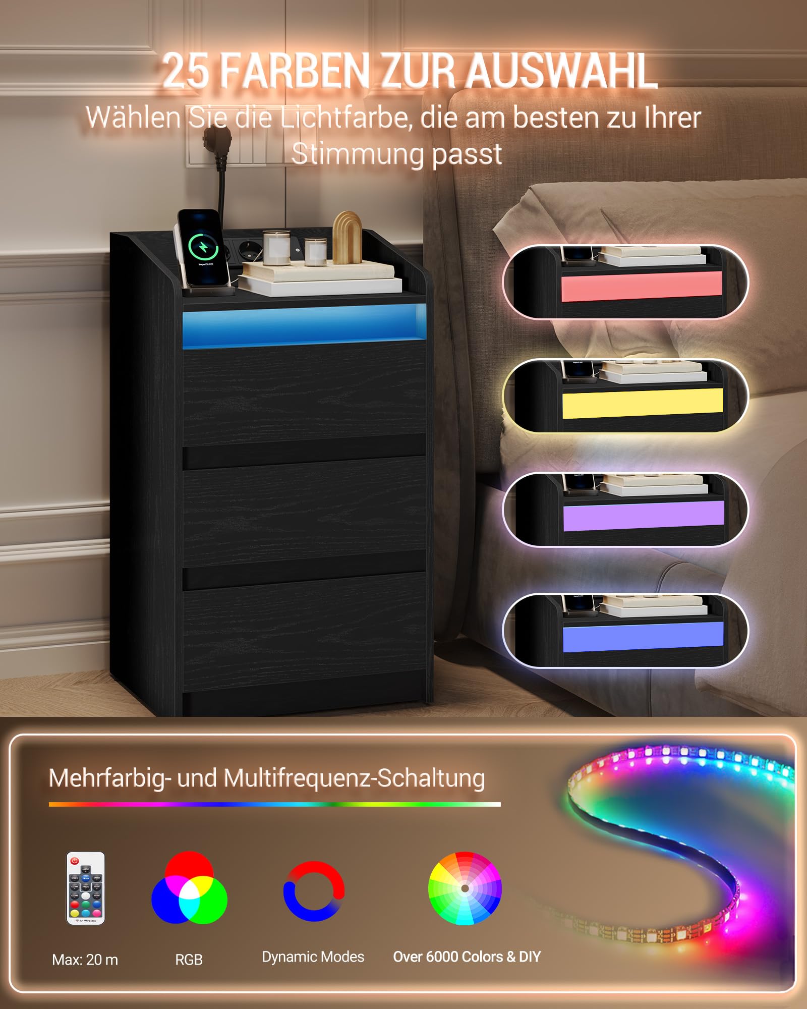 Hzuaneri Nachttisch 2er Set mit 3 Schubladen, Beistelltisch mit Ladestation und LED, 2 AC-Steckdosenund 2 USB-Anschlüsse für Schlafzimmer, Wohnzimmer, Schwarz NS40104X