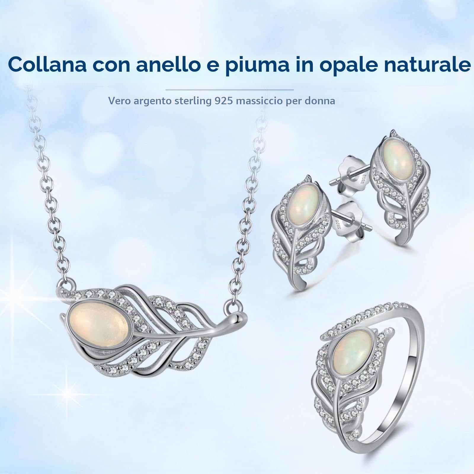 Anello di Fidanzamento Argento 925 Disegno Piuma Anello Regolabile con Opale Naturale e Zirconi per Donna Ragazza