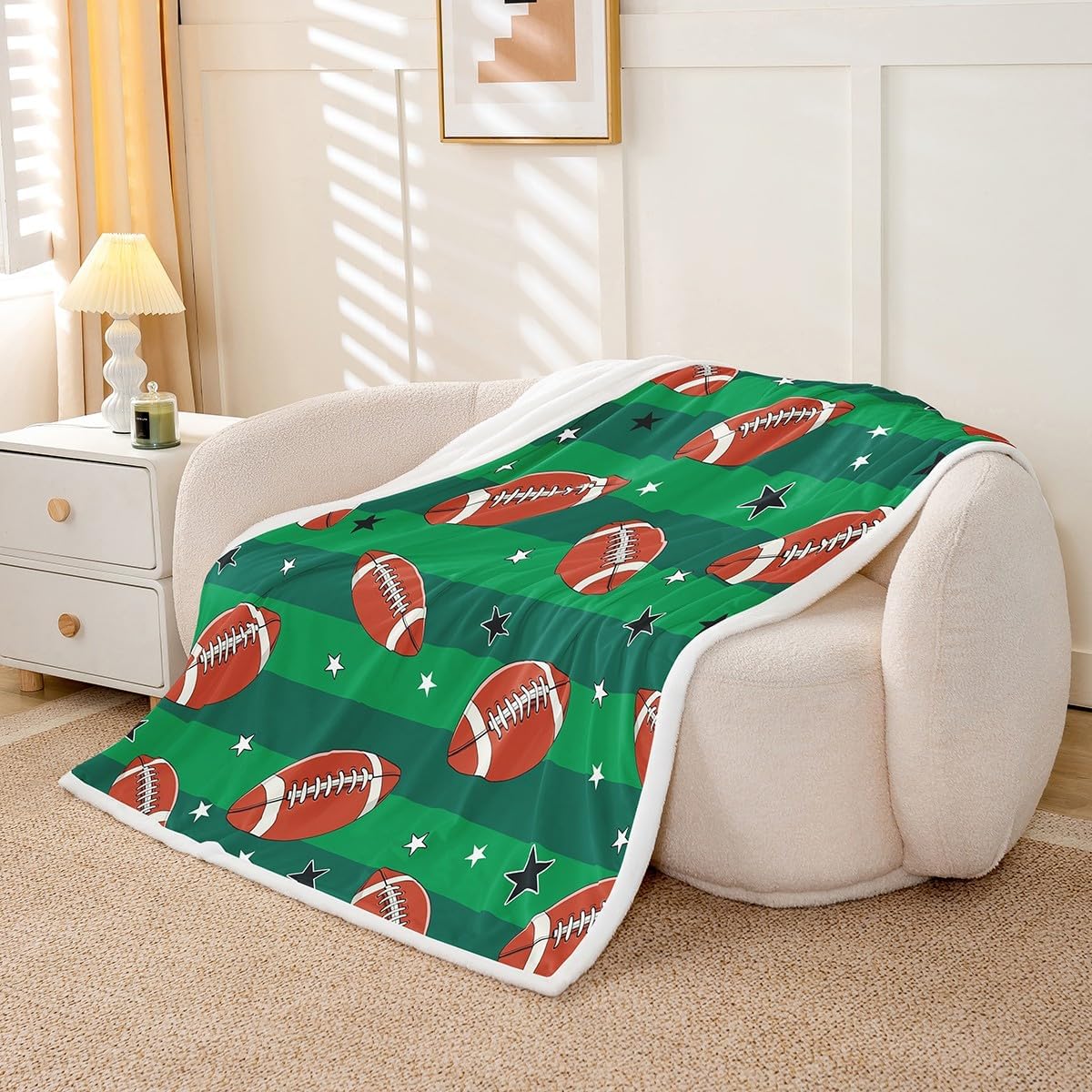 Feelyou Football Fleece Throw Blanket Rugby Sherpa Blanket for Kids Boys Girls American Football Plush Blanket Star Print Fuzzy Blanket for Sofa Bed Couch,Twin 60x80 Inches