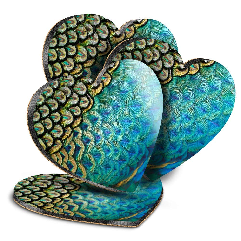 Destination Vinyl ltd Great Coasters (Set of 4) Heart - Feathers Peafowl Peacock Drink Glossy Coasters/Tabletop Protection for Any Table Type #44250